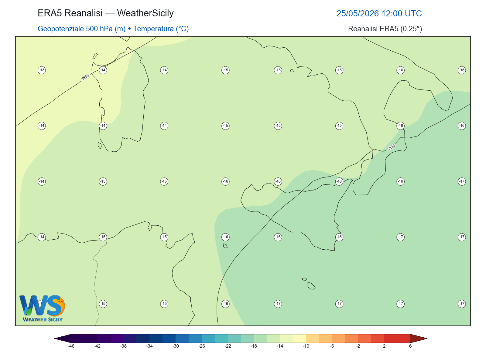 Geopotenziale 500 hPa + Temperatura · 2026052512