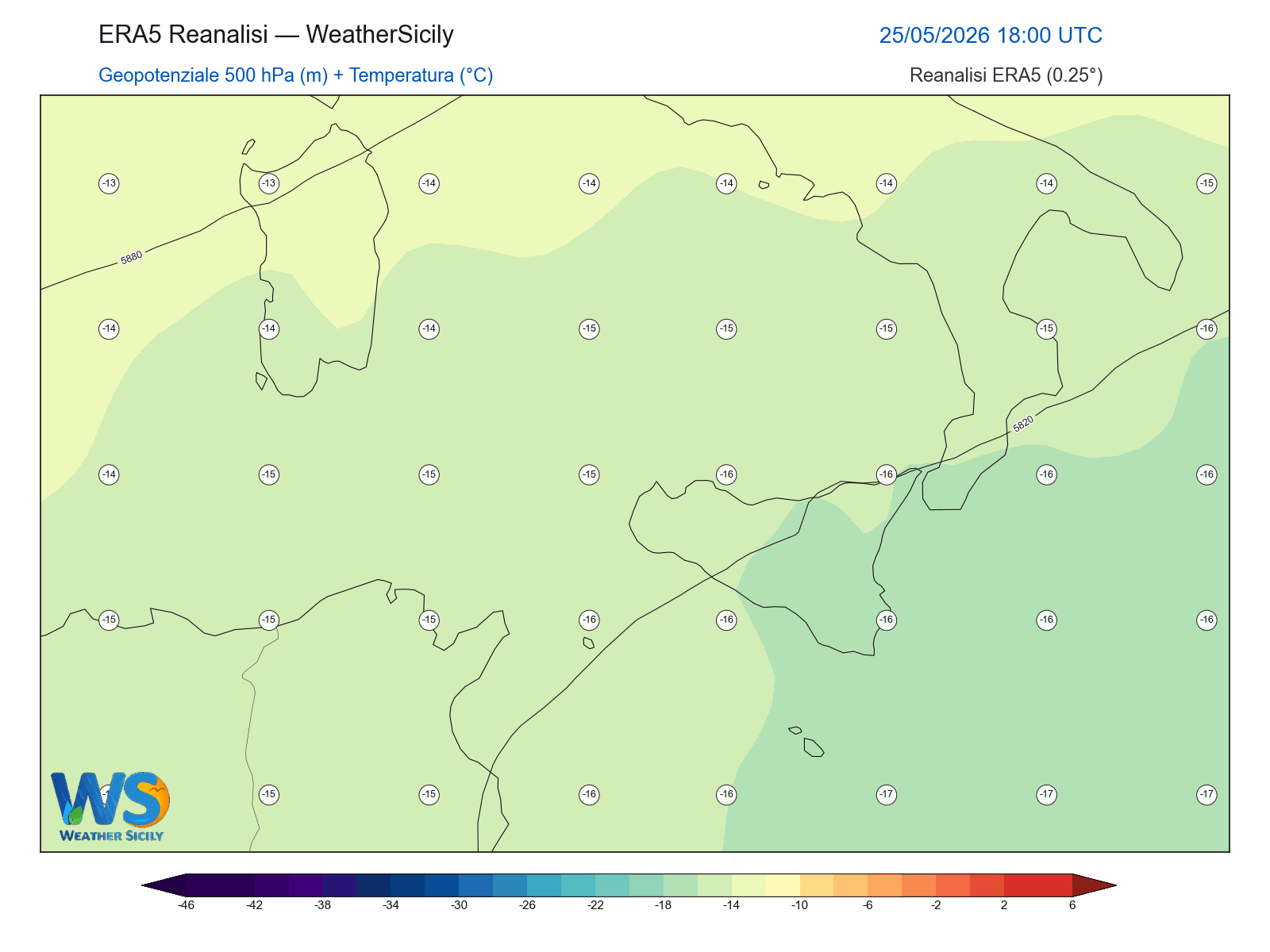 Geopotenziale 500 hPa + Temperatura · 2026052518