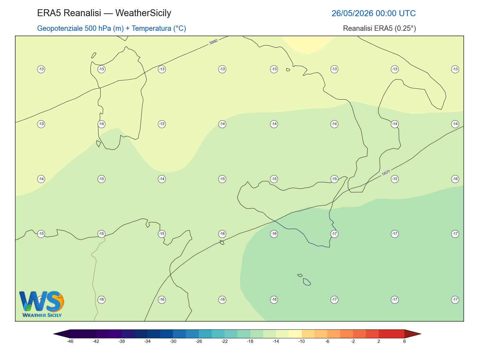 Geopotenziale 500 hPa + Temperatura · 2026052600
