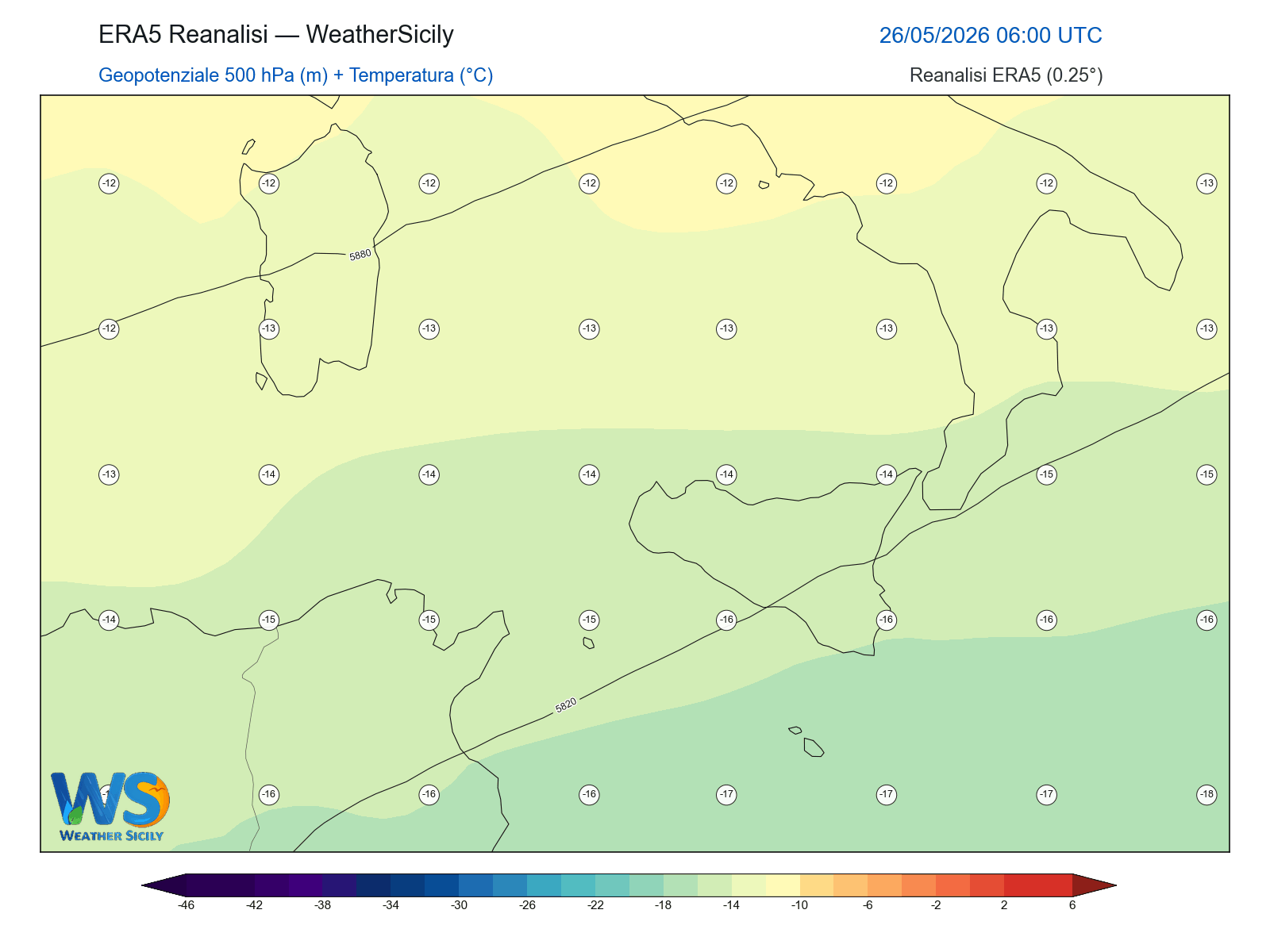 Geopotenziale 500 hPa + Temperatura · 2026052606
