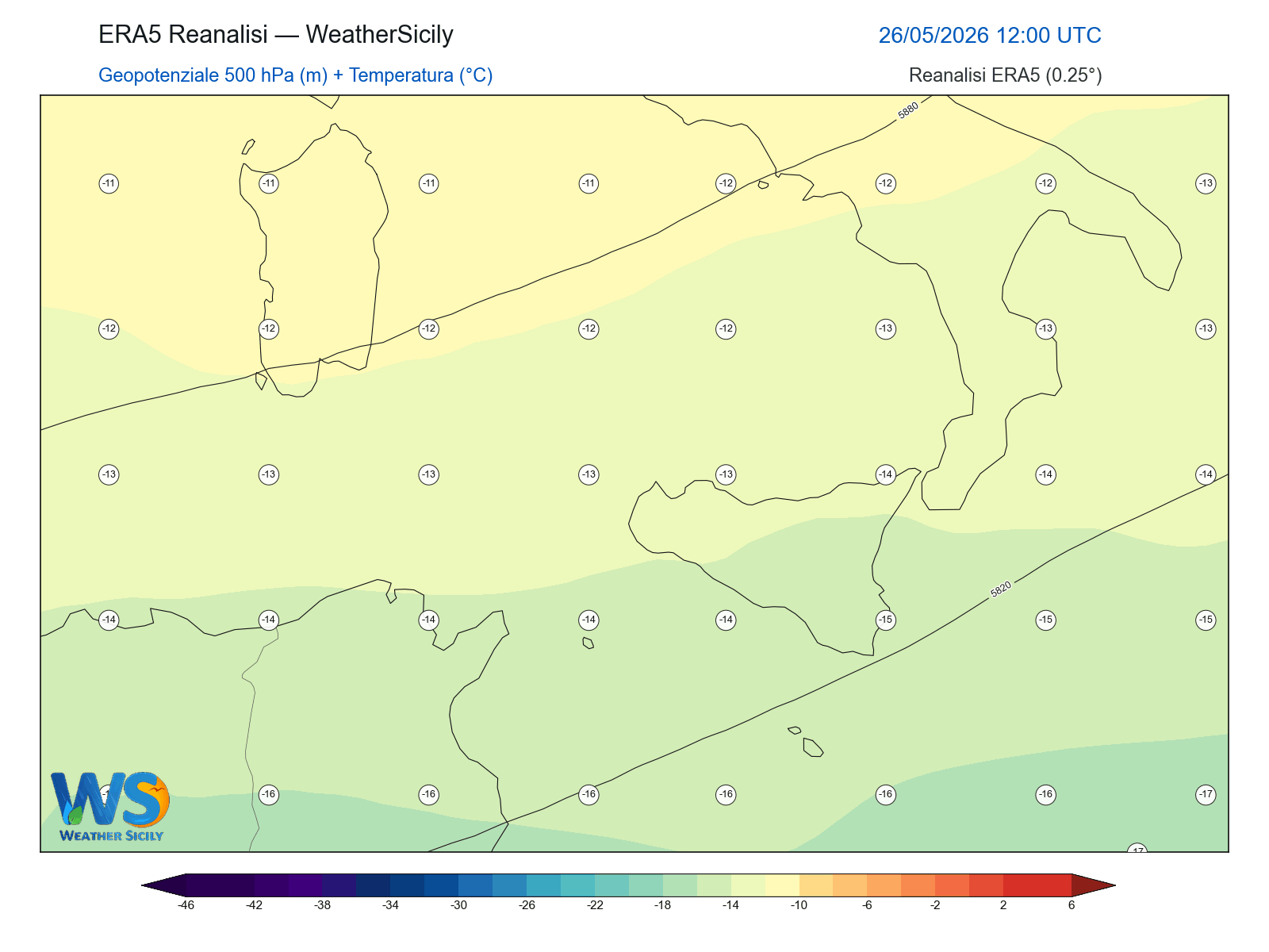 Geopotenziale 500 hPa + Temperatura · 2026052612
