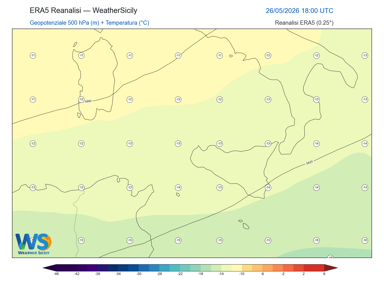 Geopotenziale 500 hPa + Temperatura · 2026052618