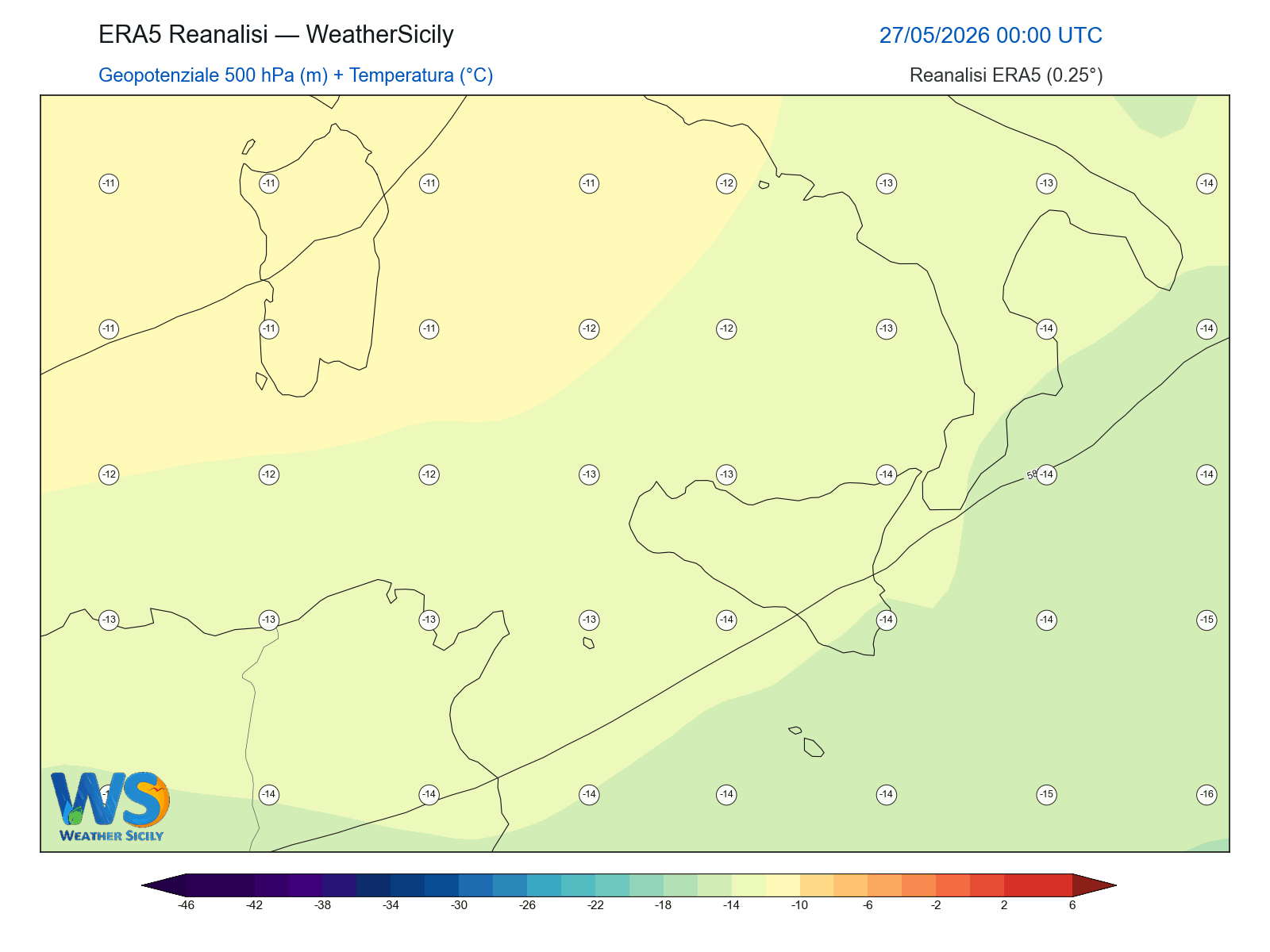 Geopotenziale 500 hPa + Temperatura · 2026052700