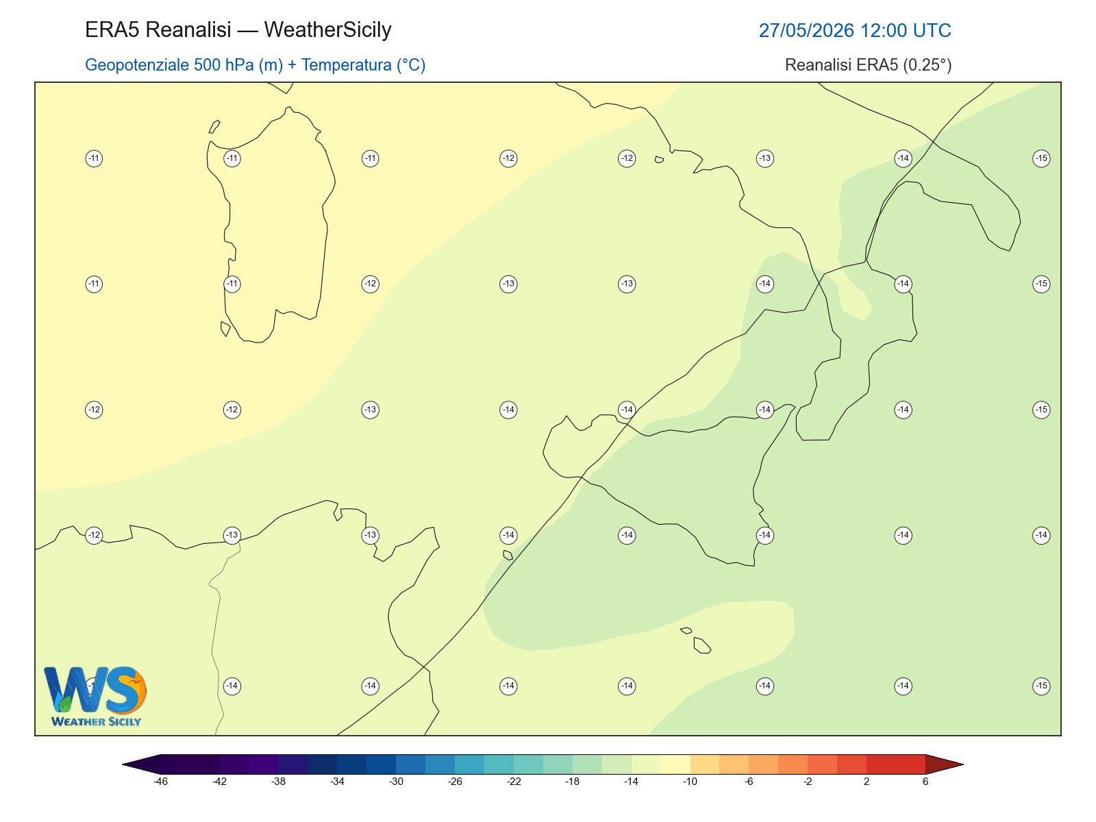 Geopotenziale 500 hPa + Temperatura · 2026052712
