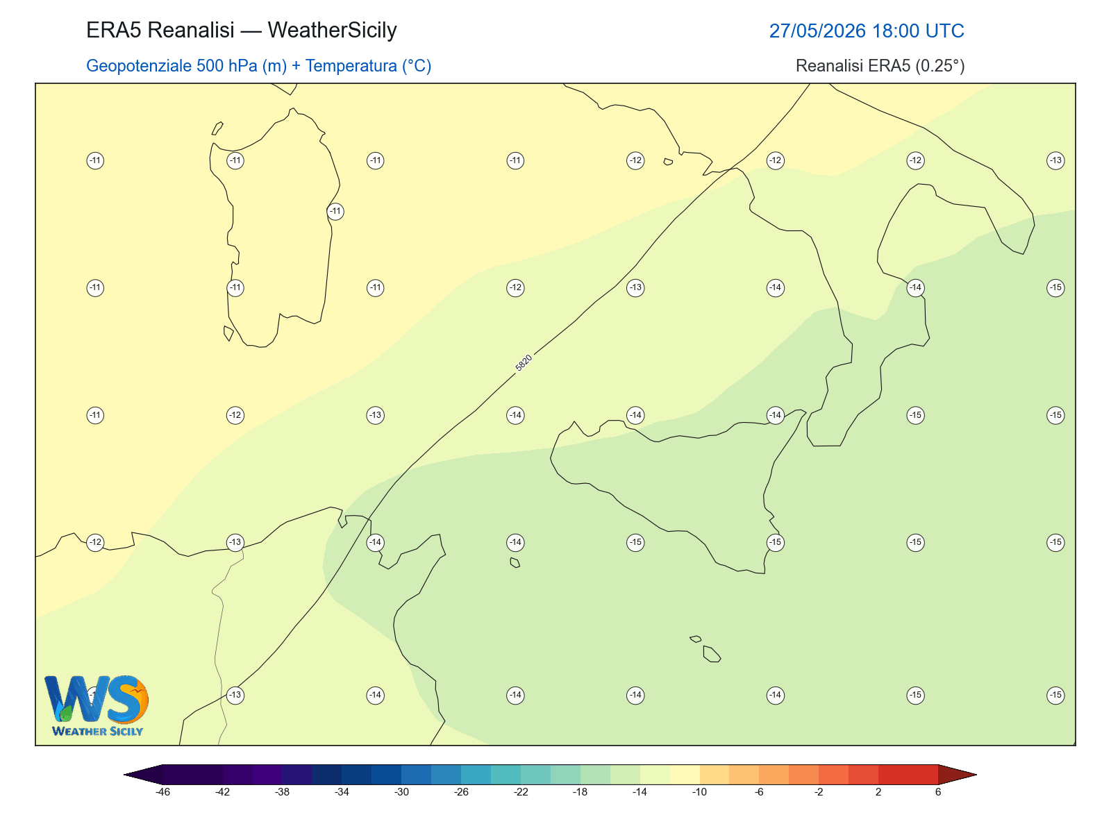Geopotenziale 500 hPa + Temperatura · 2026052718