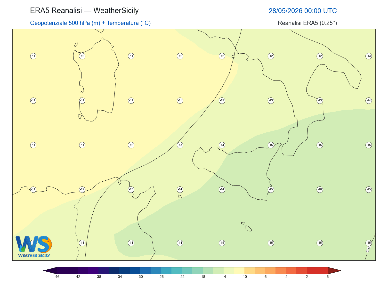 Geopotenziale 500 hPa + Temperatura · 2026052800