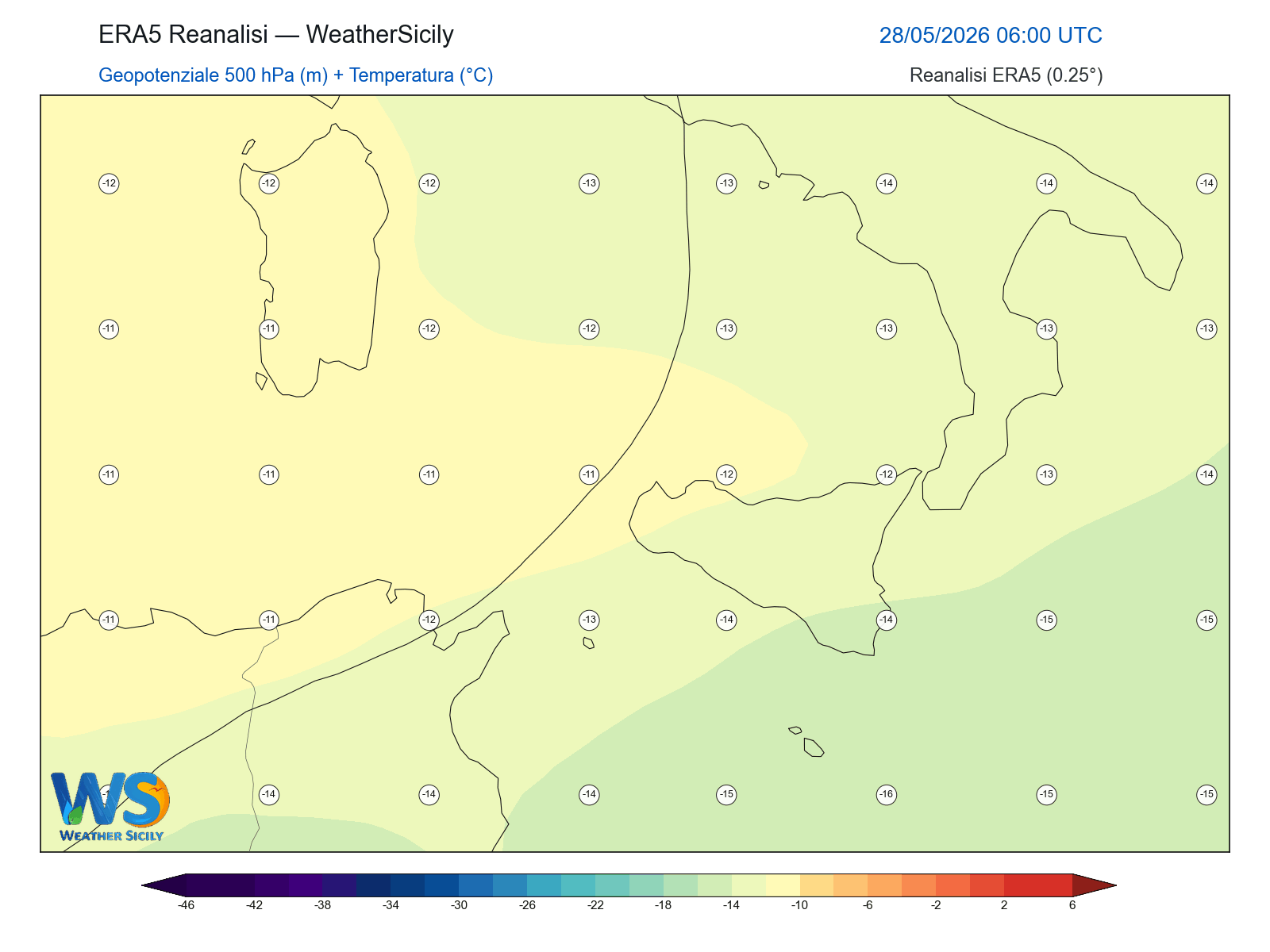 Geopotenziale 500 hPa + Temperatura · 2026052806