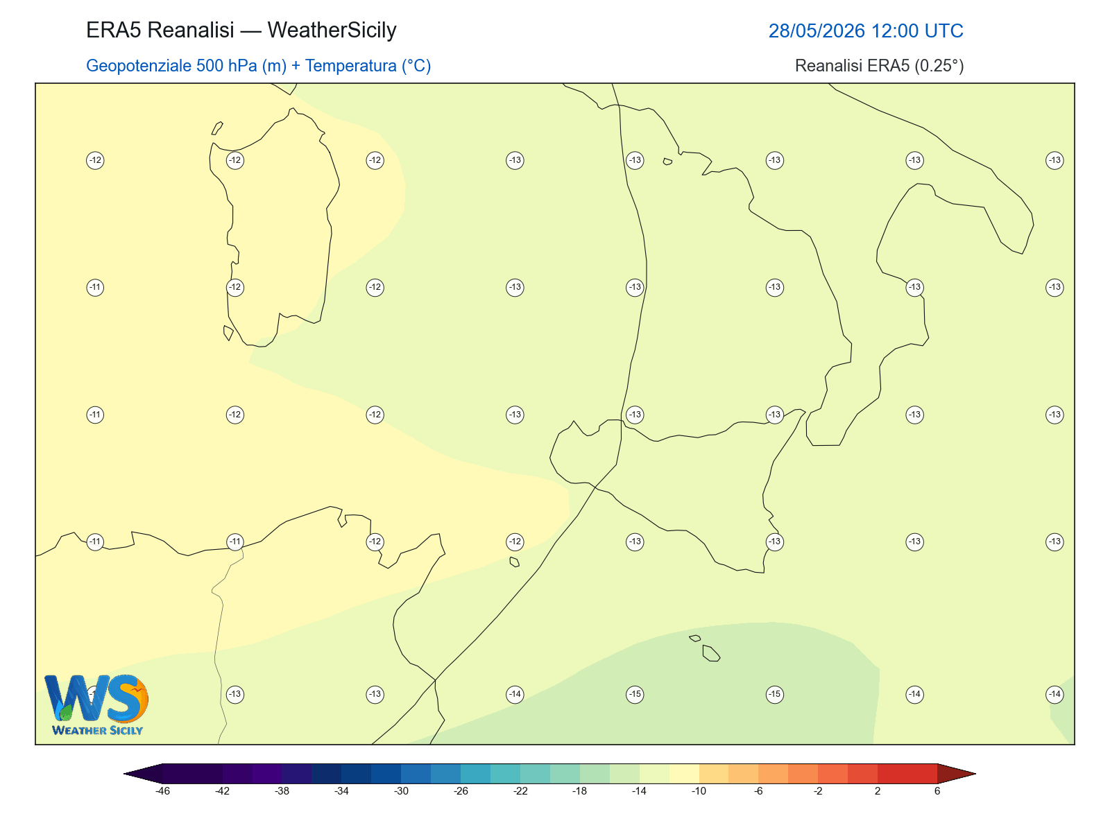 Geopotenziale 500 hPa + Temperatura · 2026052812