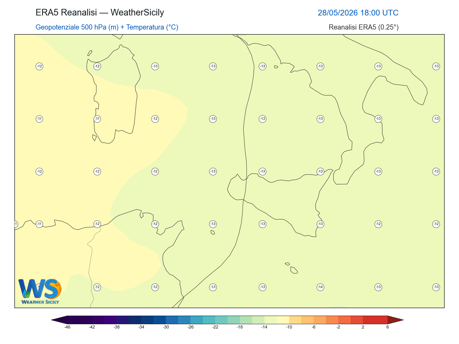 Geopotenziale 500 hPa + Temperatura · 2026052818