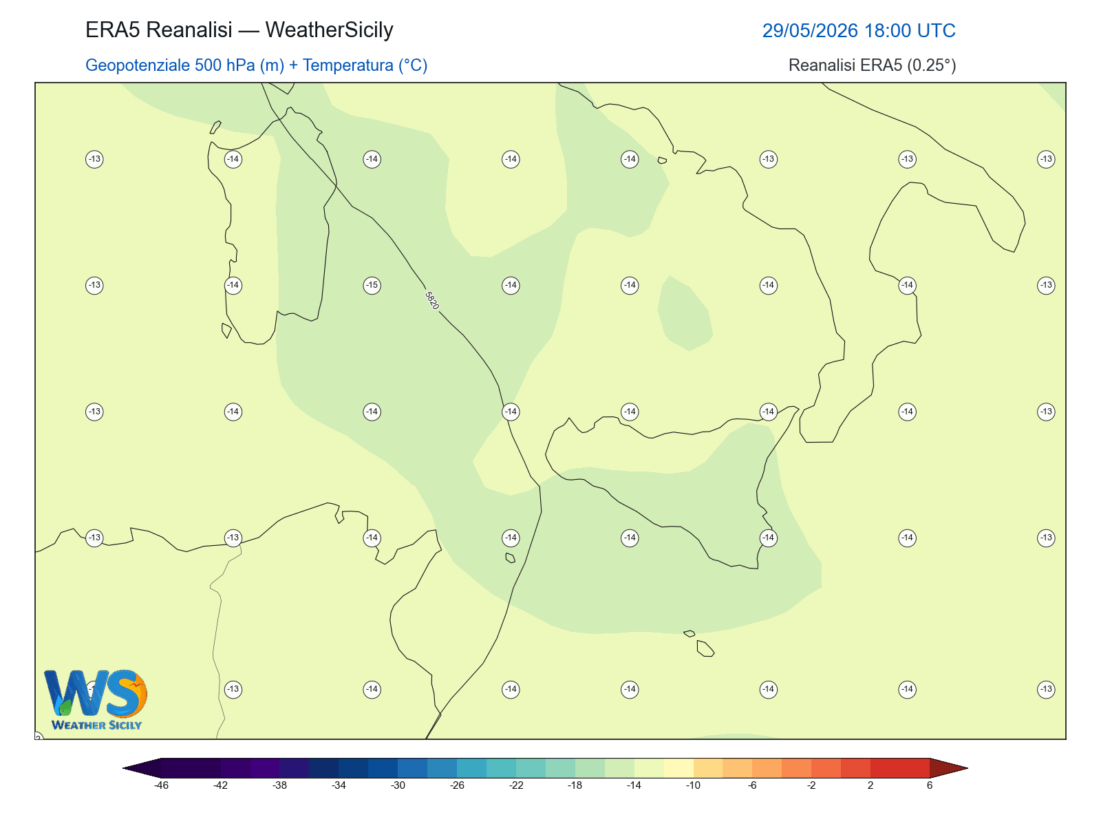 Geopotenziale 500 hPa + Temperatura · 2026052918