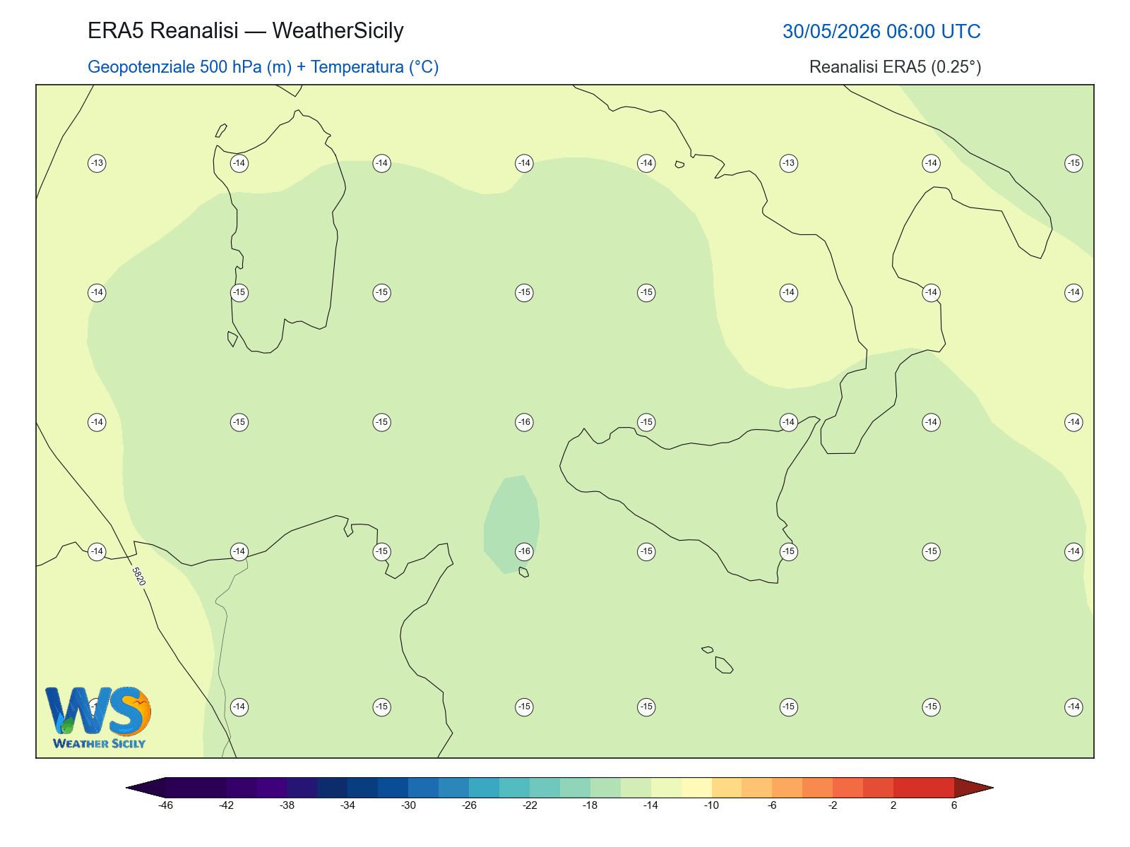 Geopotenziale 500 hPa + Temperatura · 2026053006