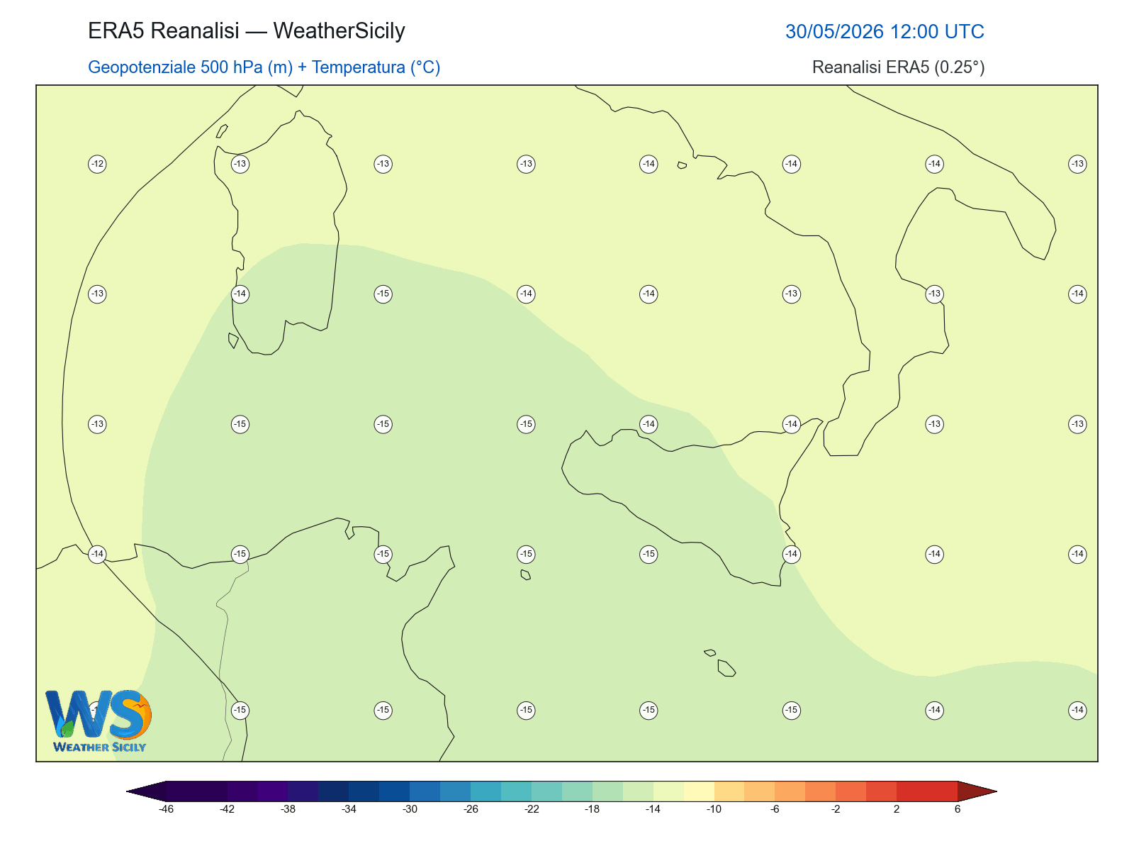 Geopotenziale 500 hPa + Temperatura · 2026053012