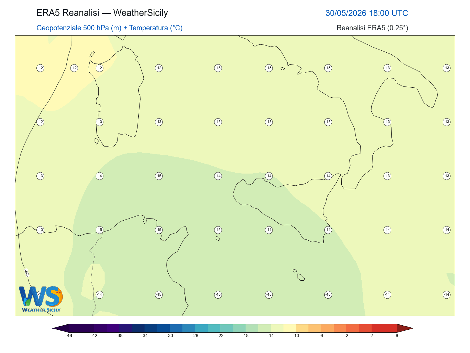 Geopotenziale 500 hPa + Temperatura · 2026053018