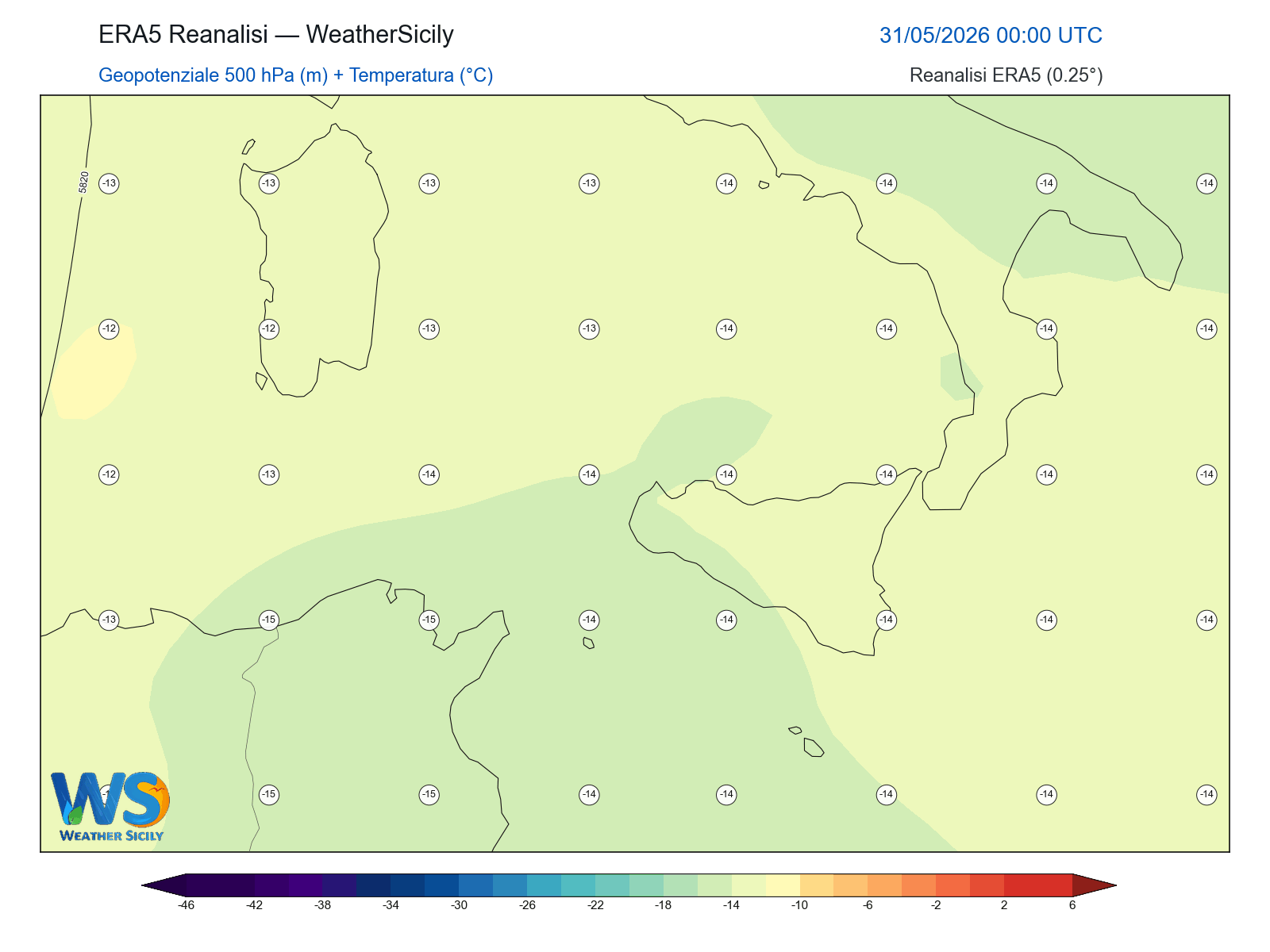 Geopotenziale 500 hPa + Temperatura · 2026053100