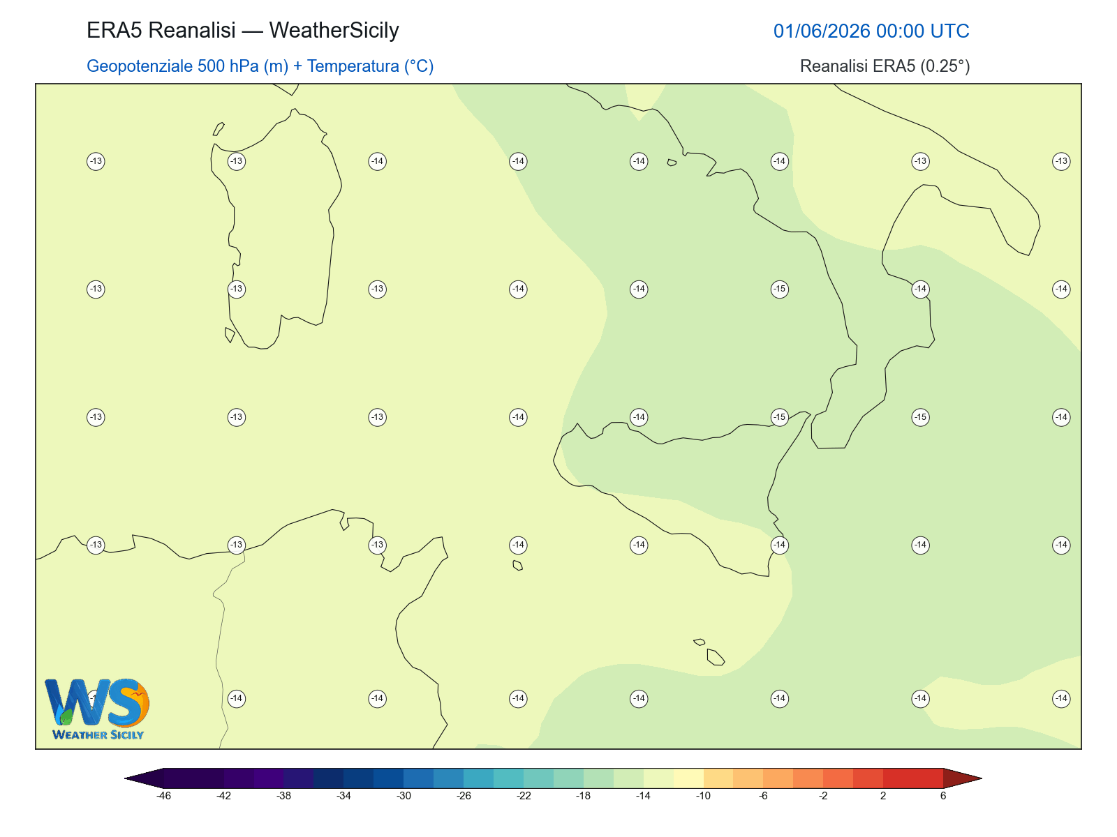 Geopotenziale 500 hPa + Temperatura · 2026060100