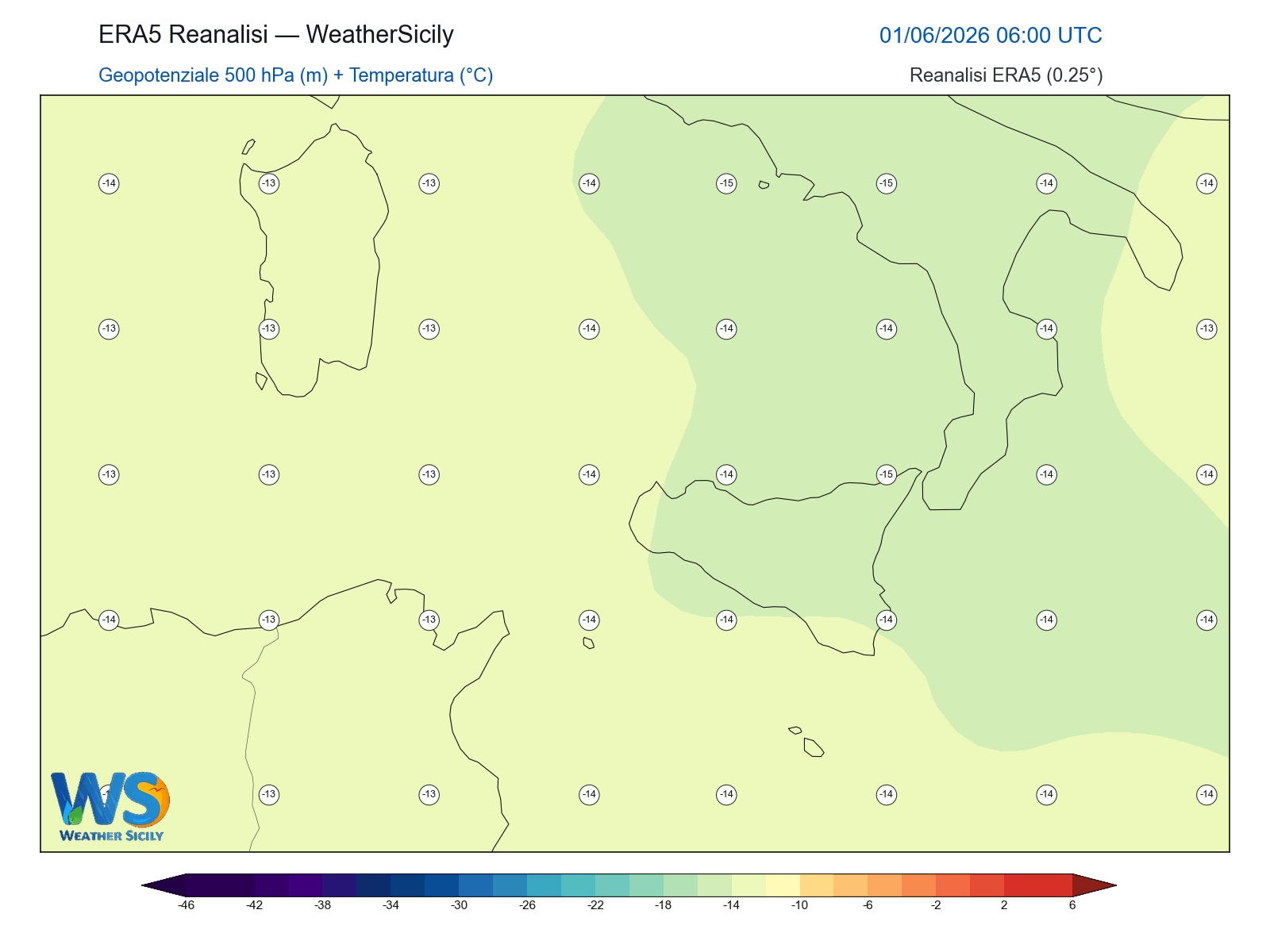 Geopotenziale 500 hPa + Temperatura · 2026060106