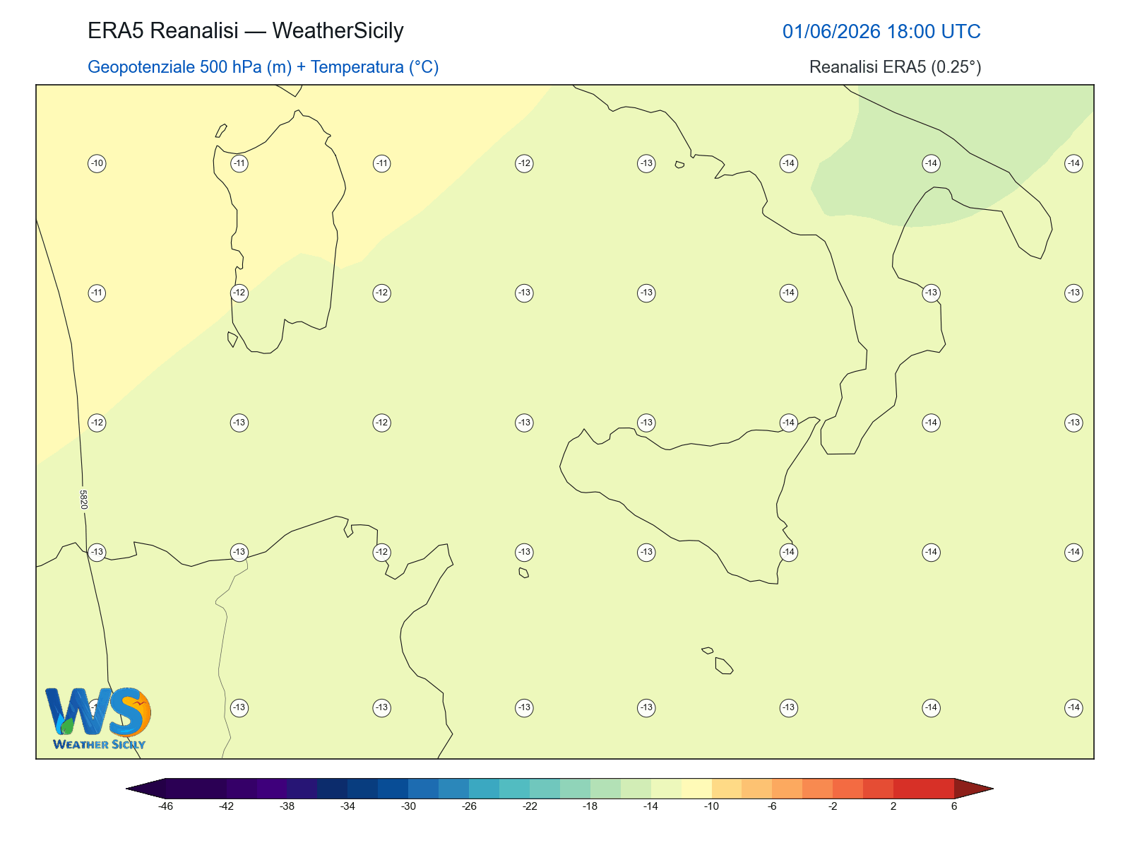Geopotenziale 500 hPa + Temperatura · 2026060118