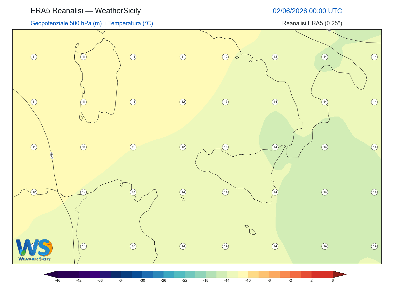 Geopotenziale 500 hPa + Temperatura · 2026060200