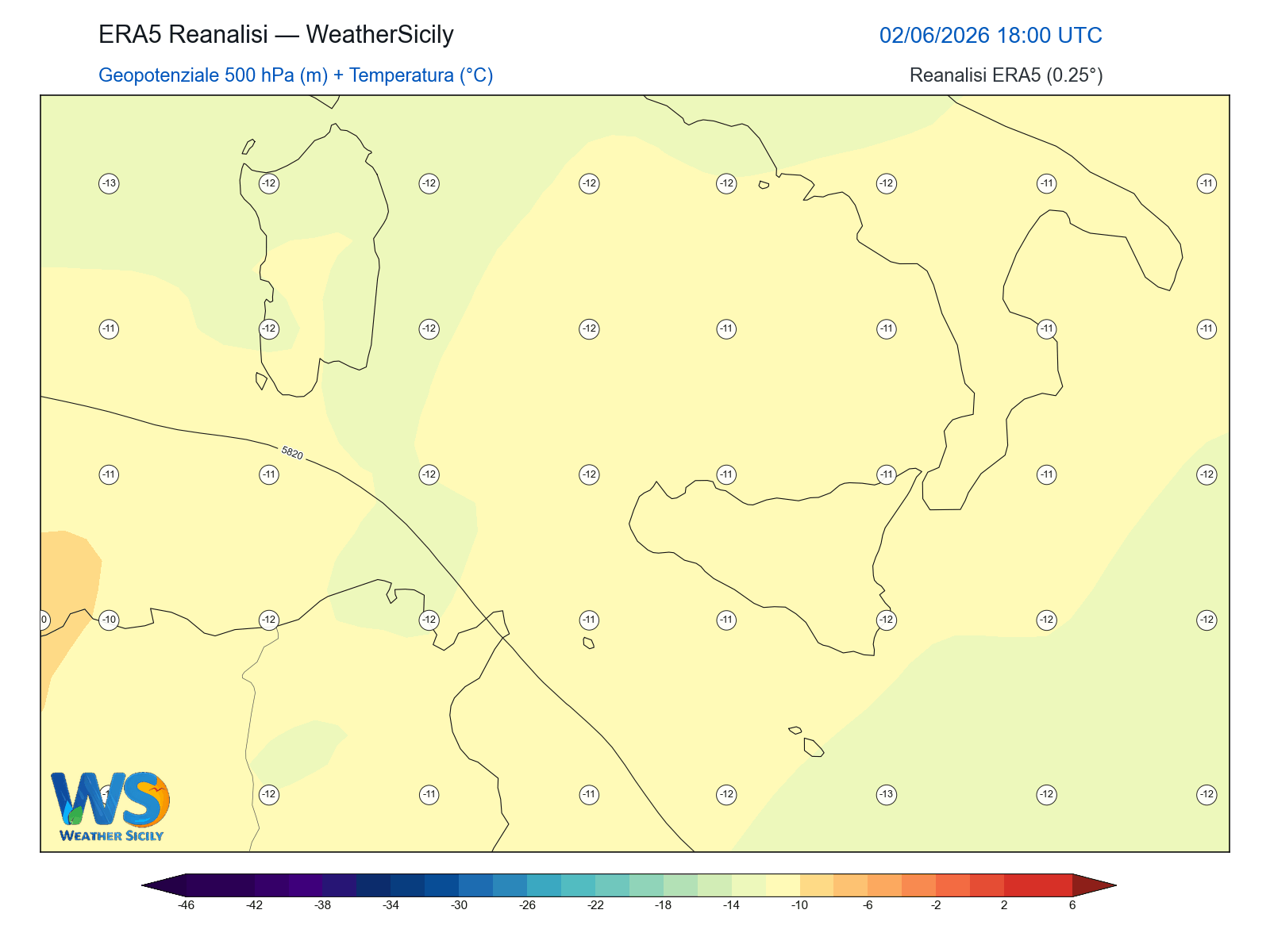 Geopotenziale 500 hPa + Temperatura · 2026060218