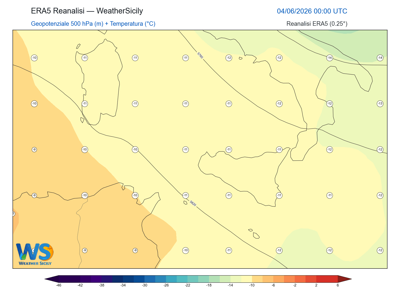 Geopotenziale 500 hPa + Temperatura · 2026060400