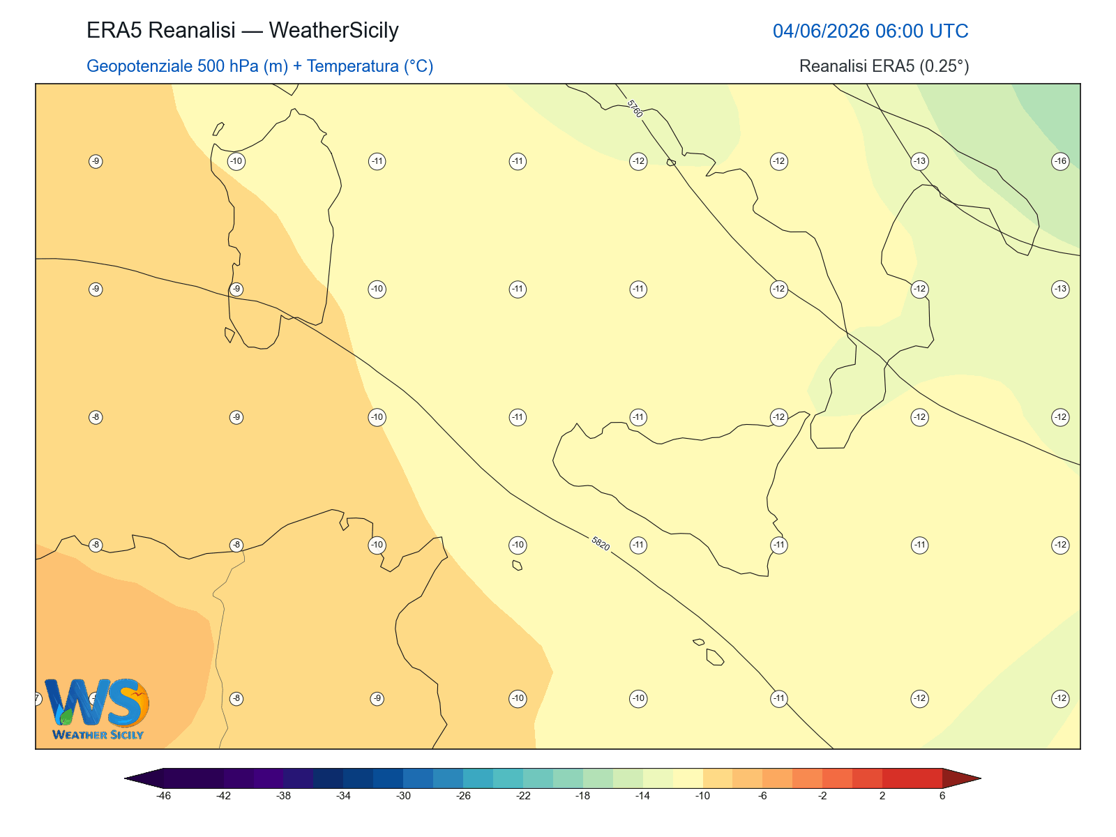 Geopotenziale 500 hPa + Temperatura · 2026060406
