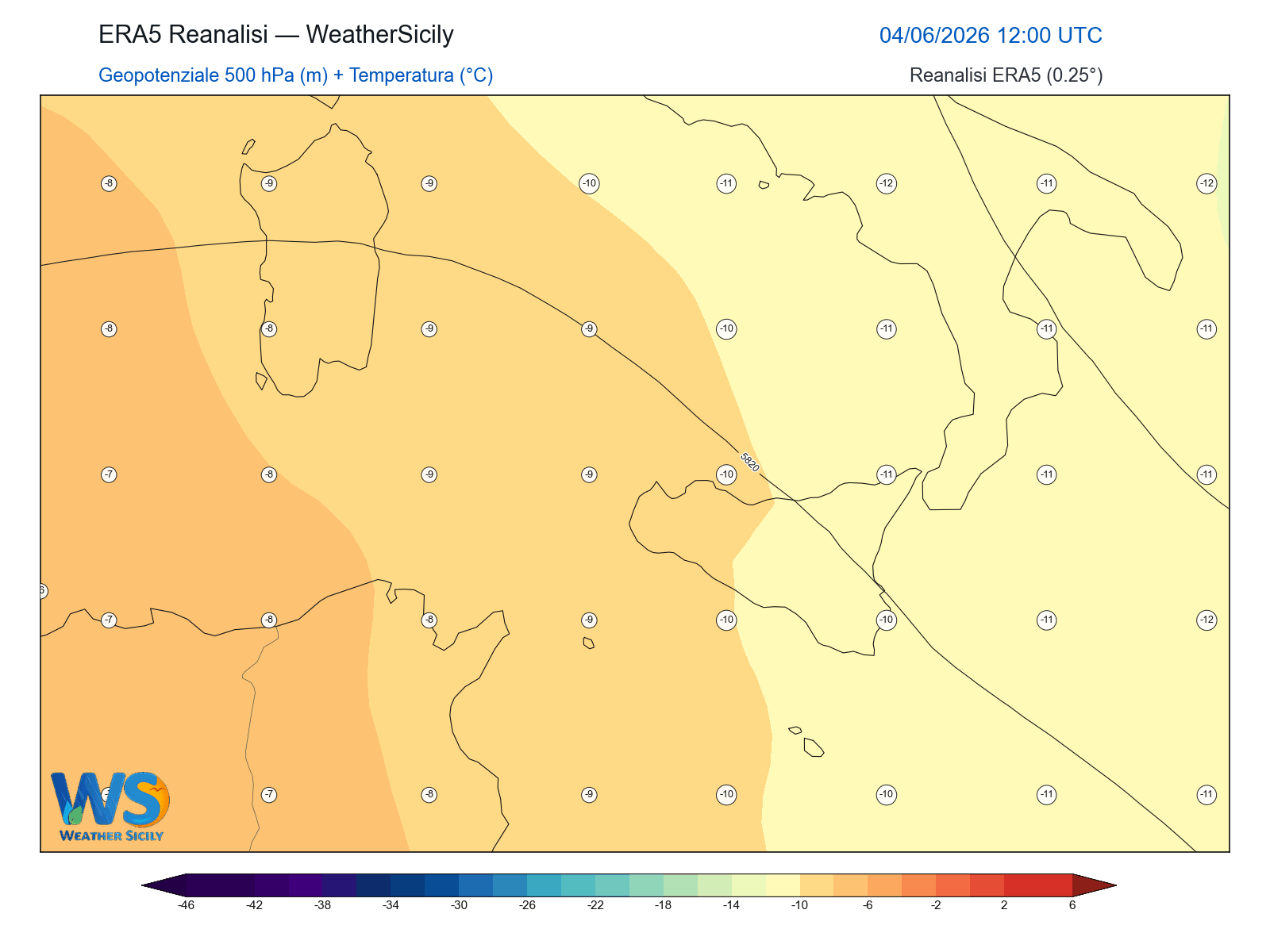 Geopotenziale 500 hPa + Temperatura · 2026060412