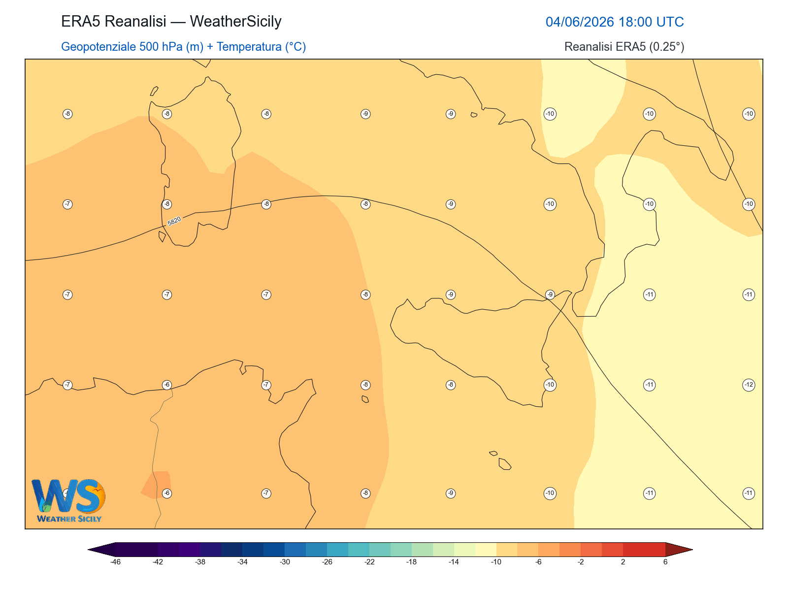 Geopotenziale 500 hPa + Temperatura · 2026060418
