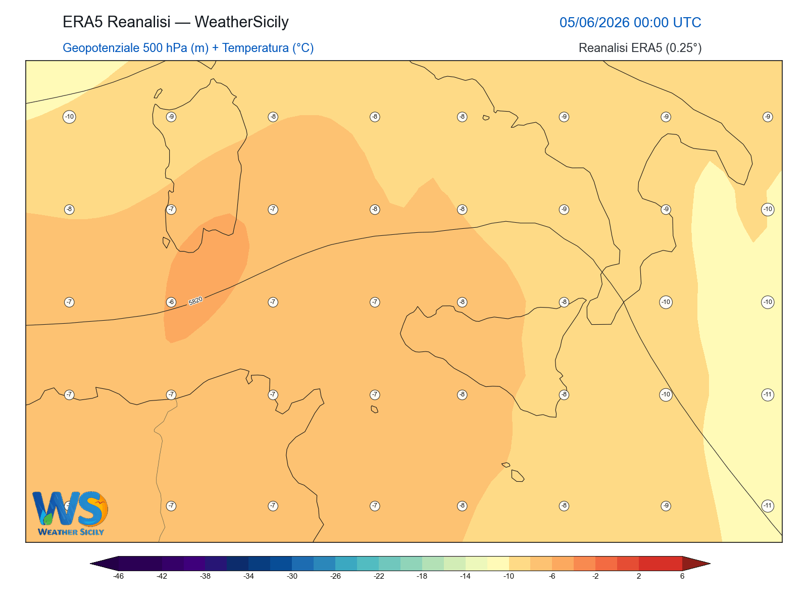 Geopotenziale 500 hPa + Temperatura · 2026060500