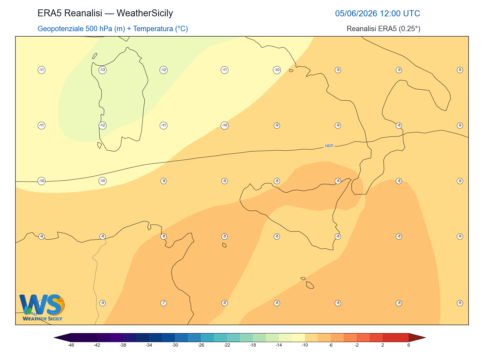 Geopotenziale 500 hPa + Temperatura · 2026060512