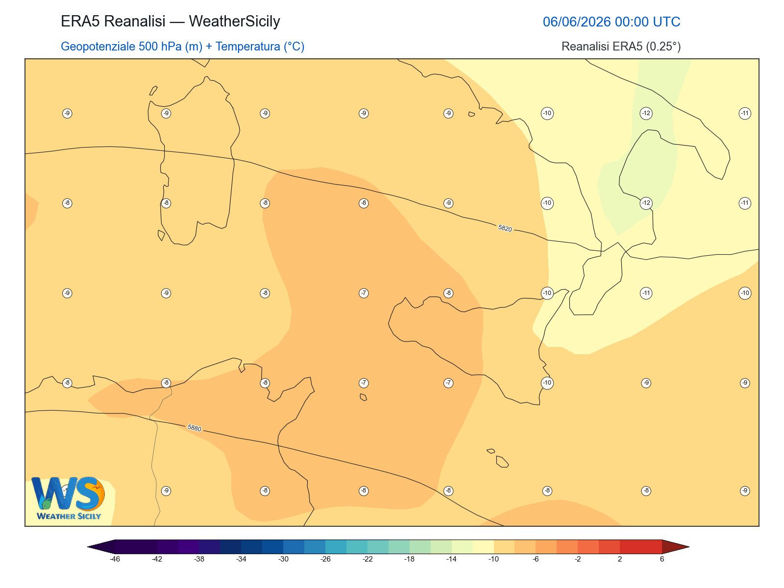 Geopotenziale 500 hPa + Temperatura · 2026060600