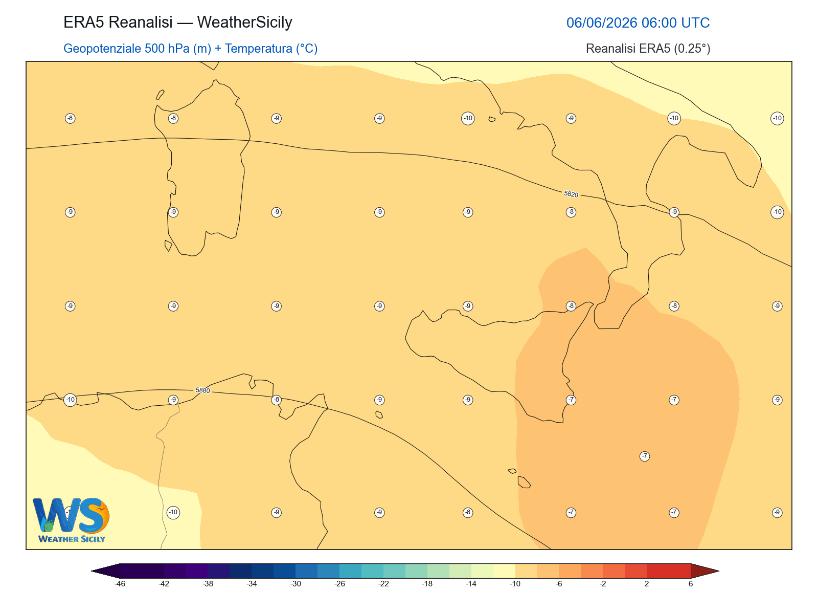 Geopotenziale 500 hPa + Temperatura · 2026060606