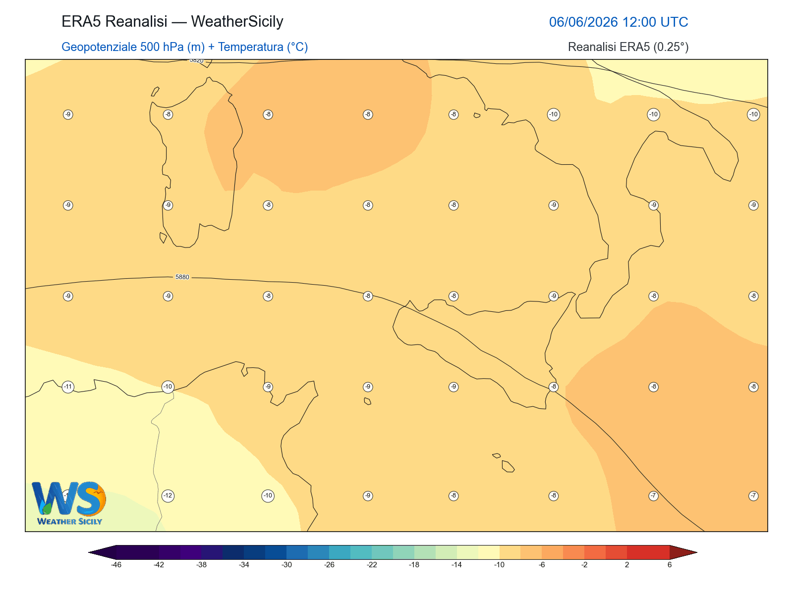 Geopotenziale 500 hPa + Temperatura · 2026060612