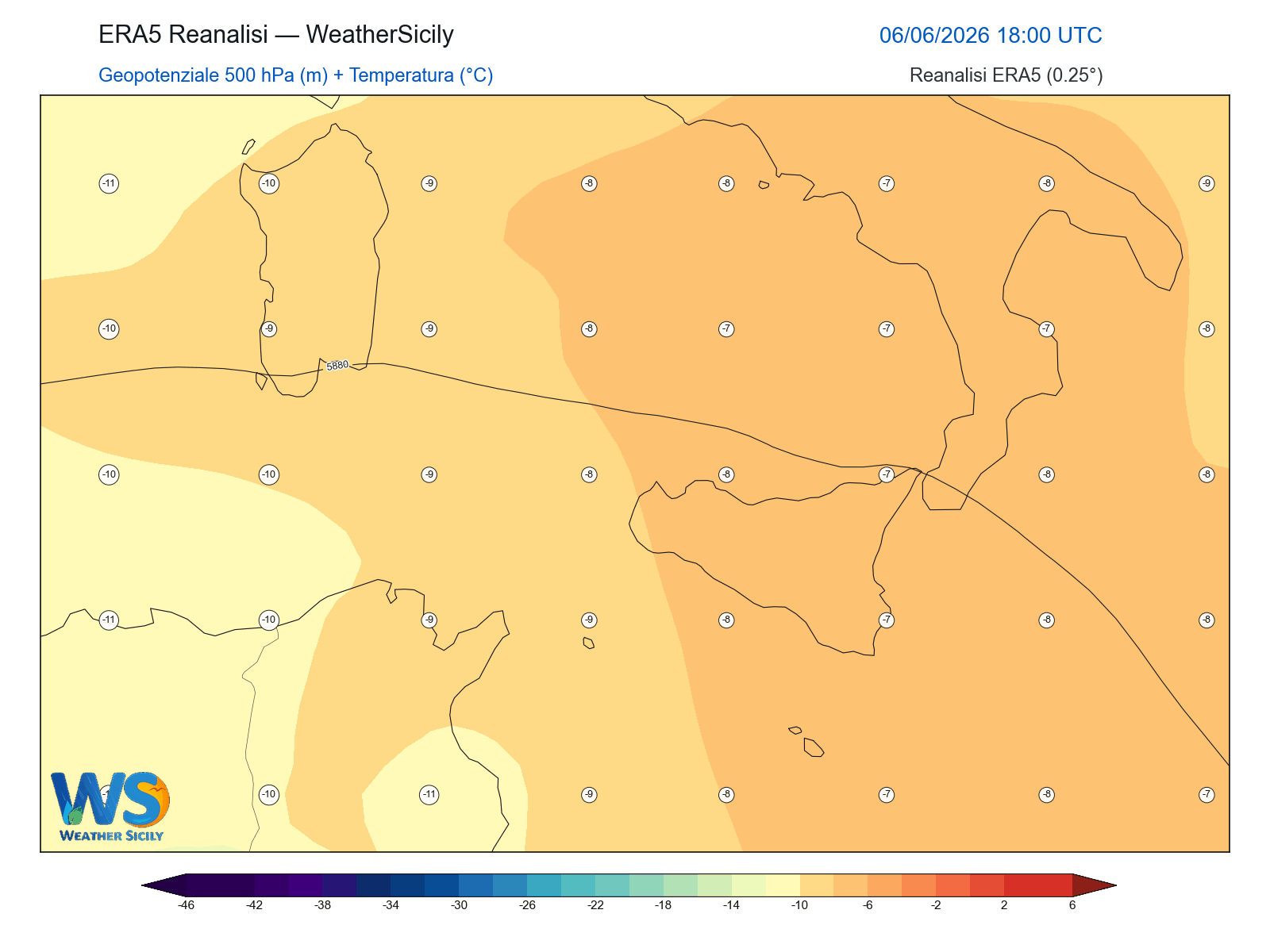 Geopotenziale 500 hPa + Temperatura · 2026060618