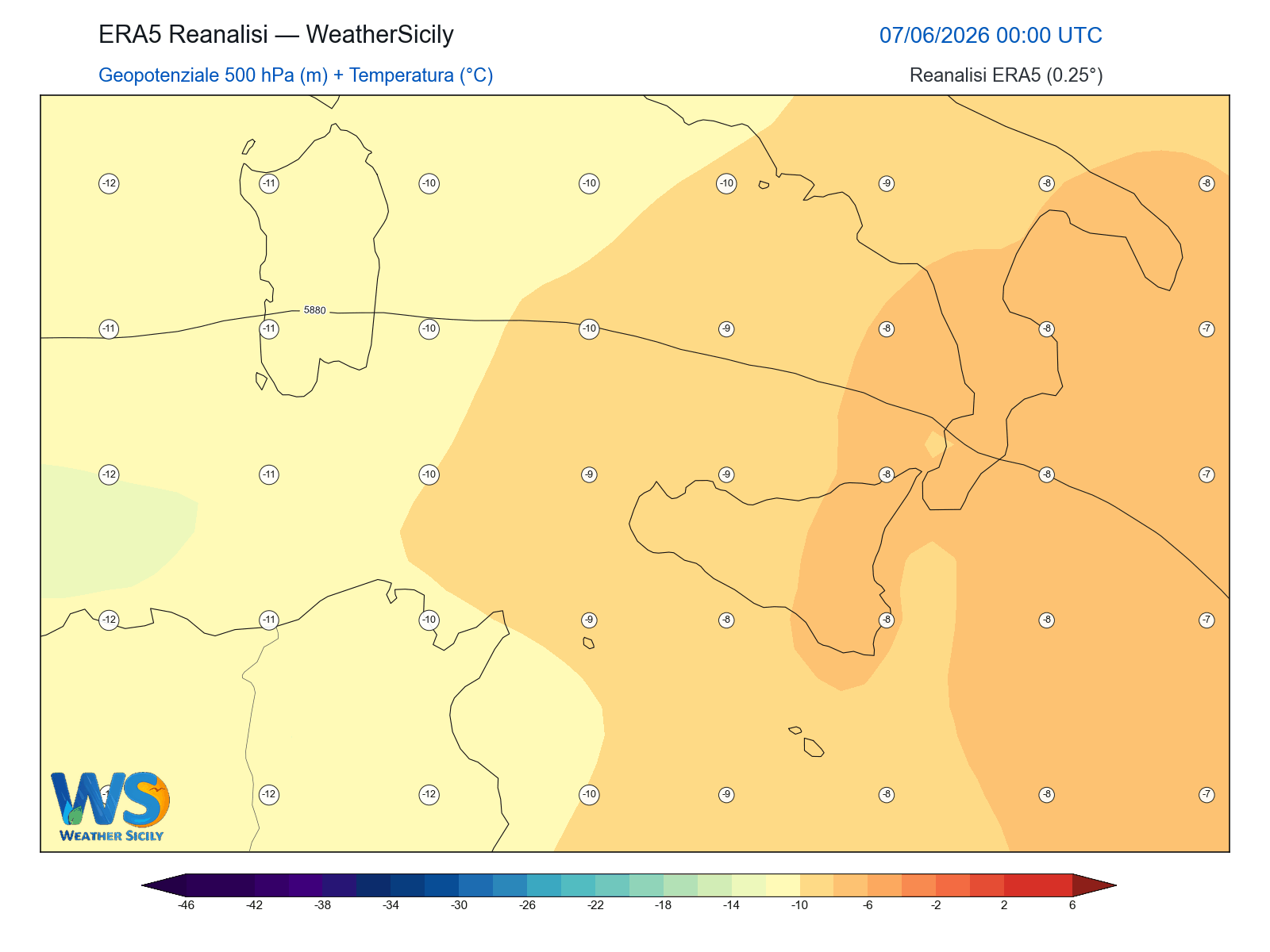 Geopotenziale 500 hPa + Temperatura · 2026060700