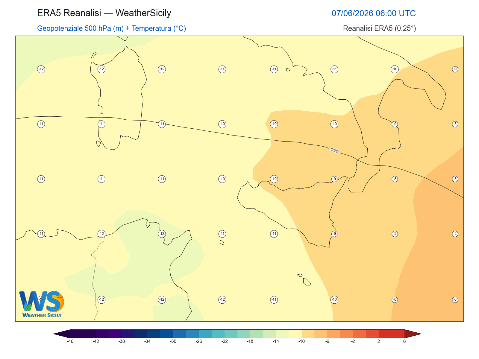 Geopotenziale 500 hPa + Temperatura · 2026060706