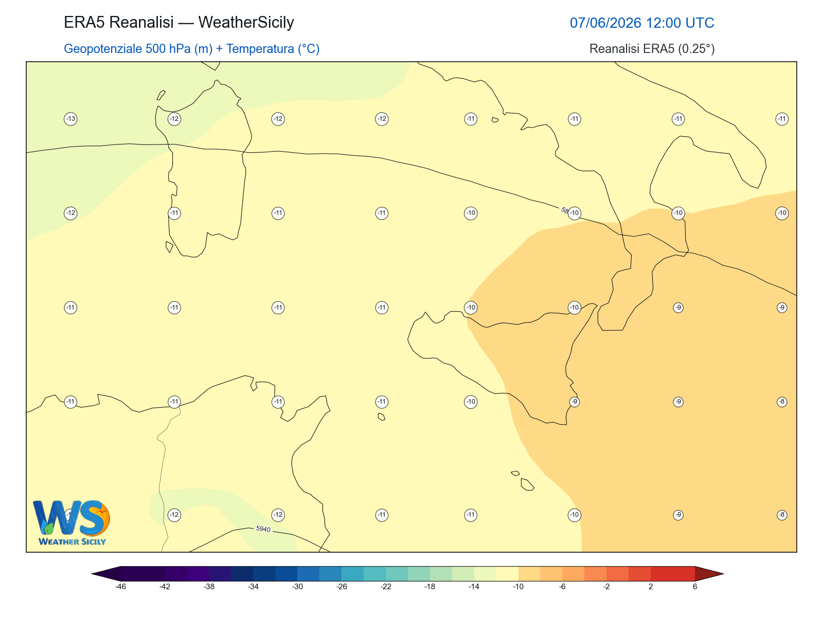 Geopotenziale 500 hPa + Temperatura · 2026060712