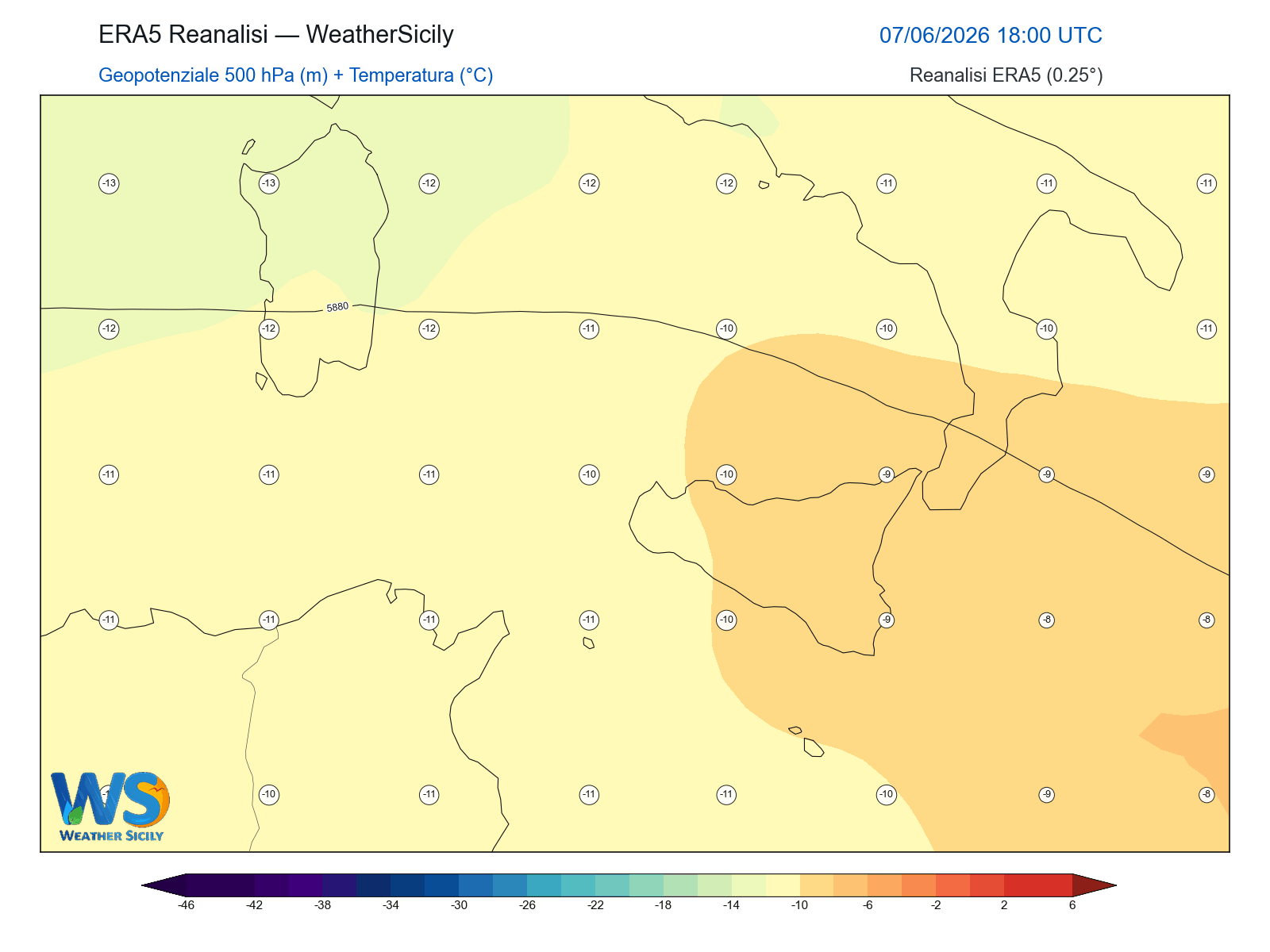 Geopotenziale 500 hPa + Temperatura · 2026060718