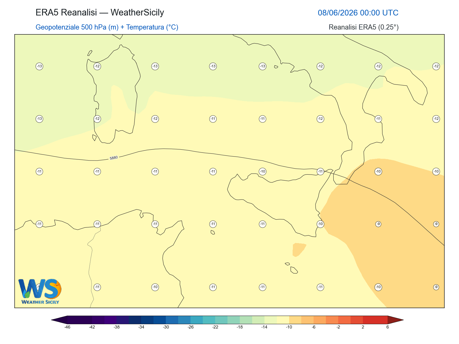 Geopotenziale 500 hPa + Temperatura · 2026060800