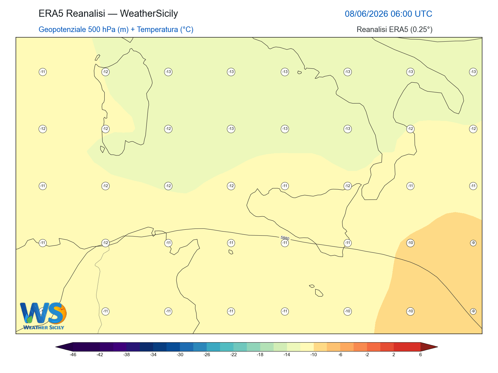 Geopotenziale 500 hPa + Temperatura · 2026060806