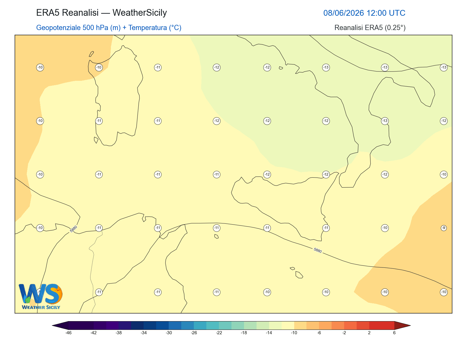 Geopotenziale 500 hPa + Temperatura · 2026060812