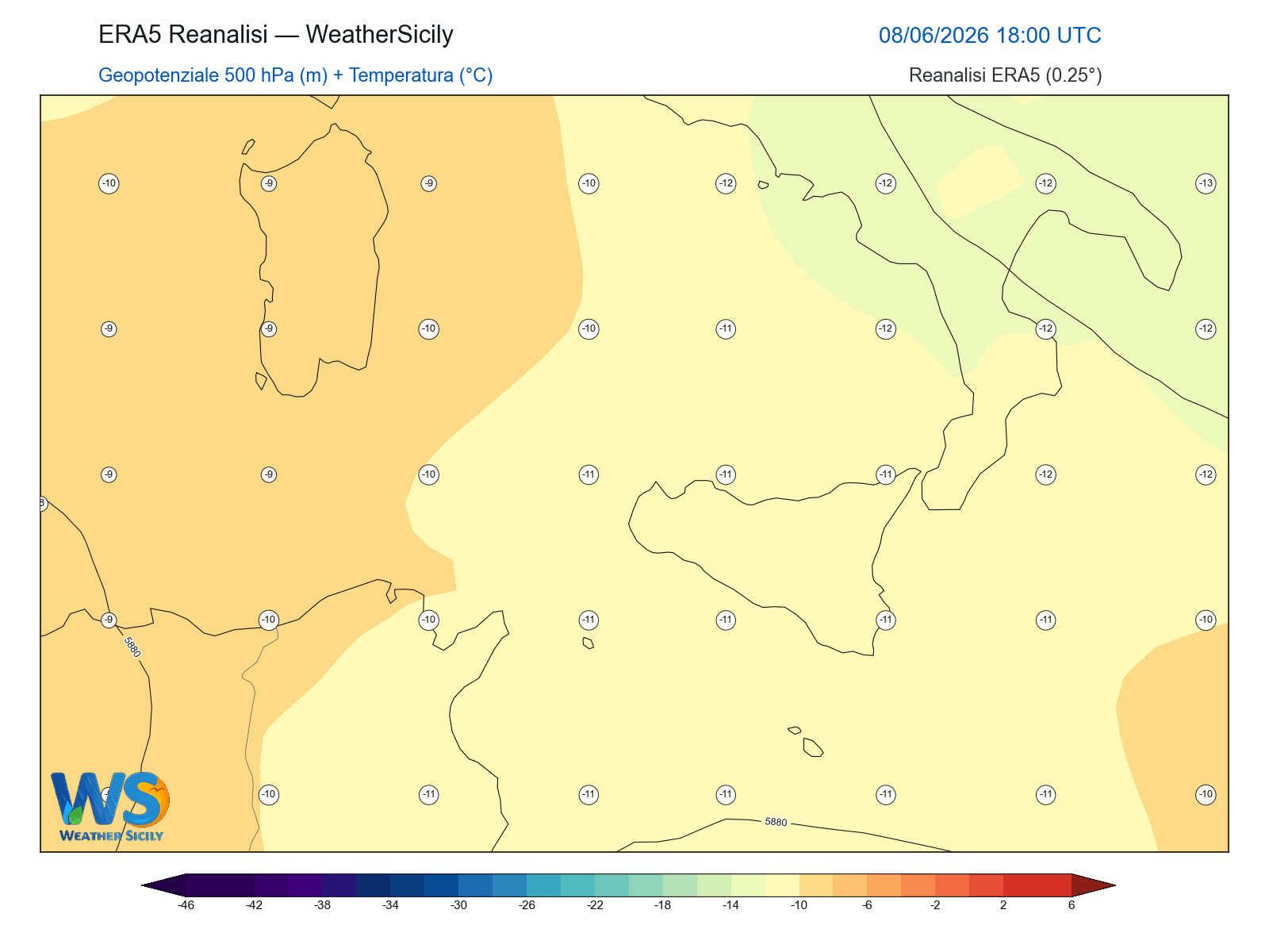 Geopotenziale 500 hPa + Temperatura · 2026060818