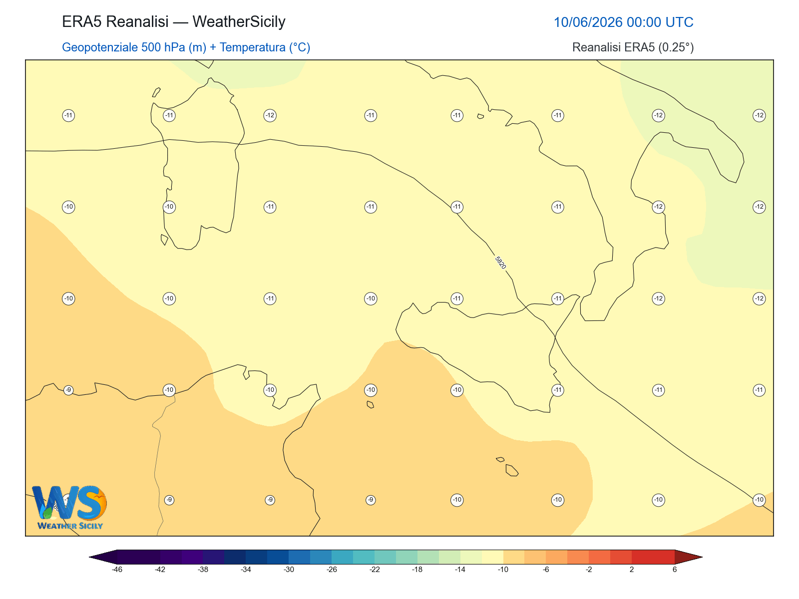 Geopotenziale 500 hPa + Temperatura · 2026061000