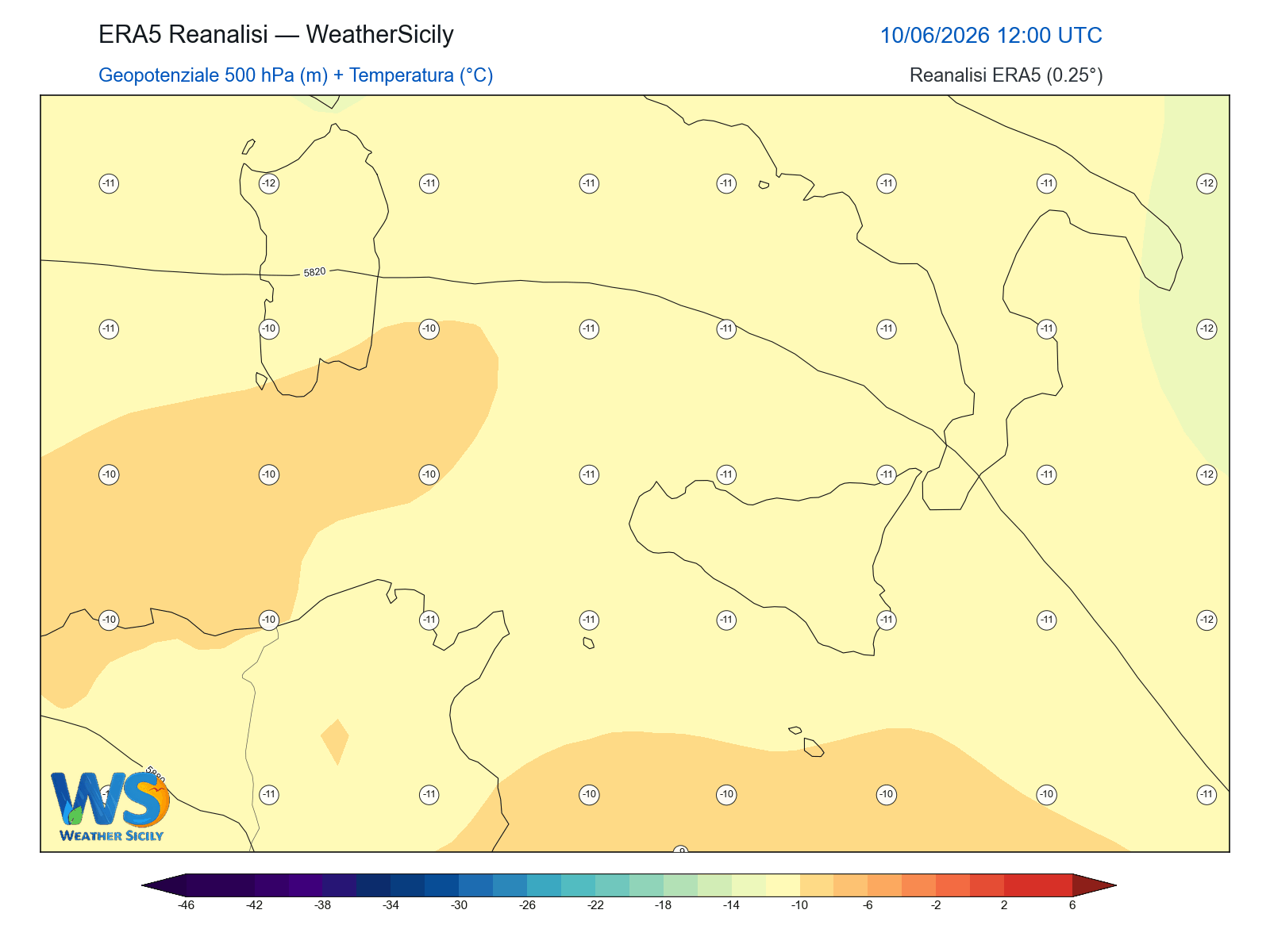 Geopotenziale 500 hPa + Temperatura · 2026061012