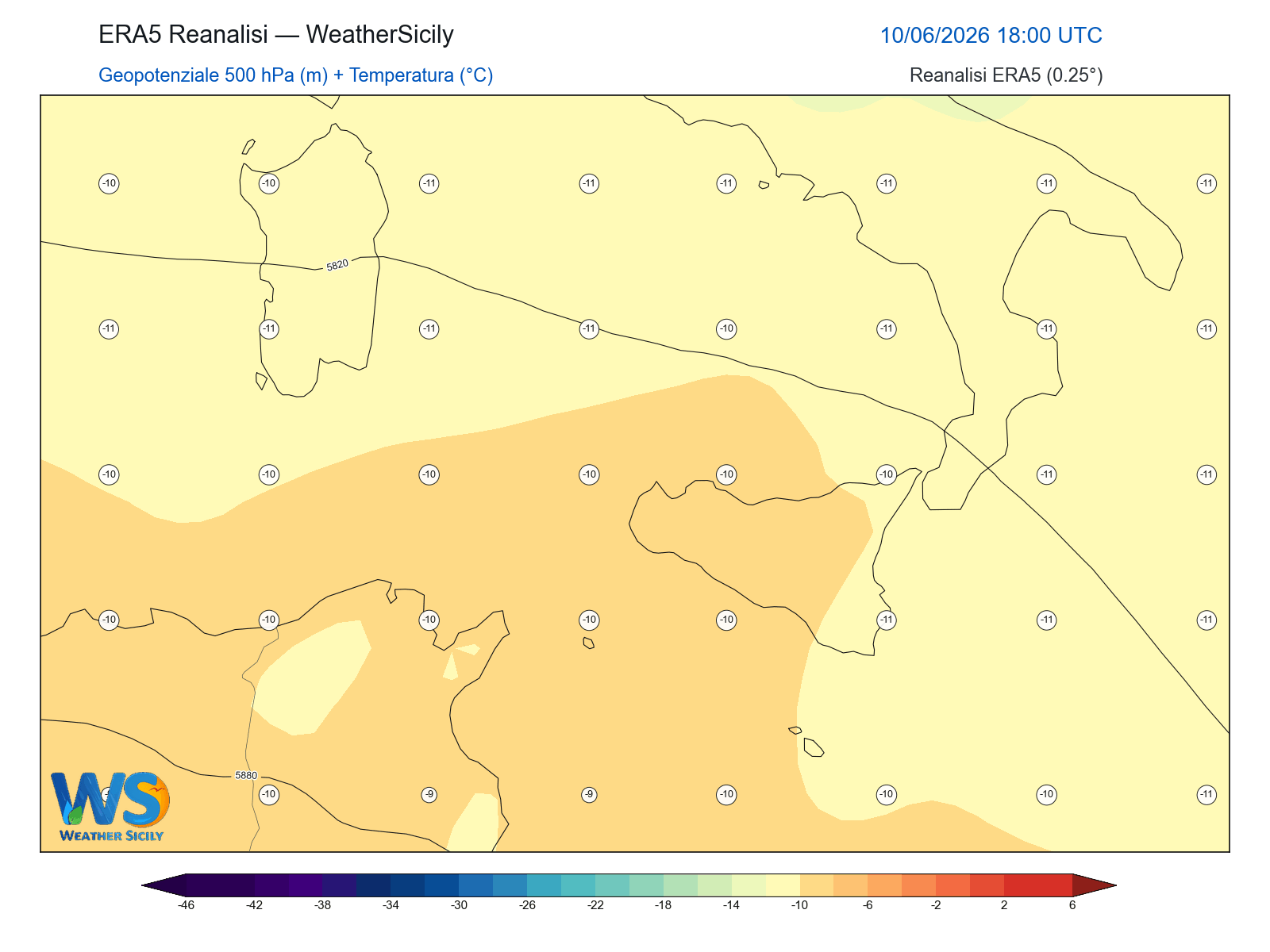 Geopotenziale 500 hPa + Temperatura · 2026061018