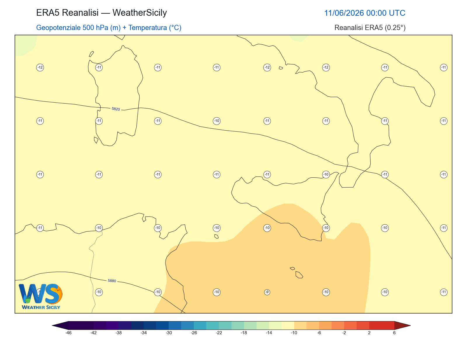 Geopotenziale 500 hPa + Temperatura · 2026061100