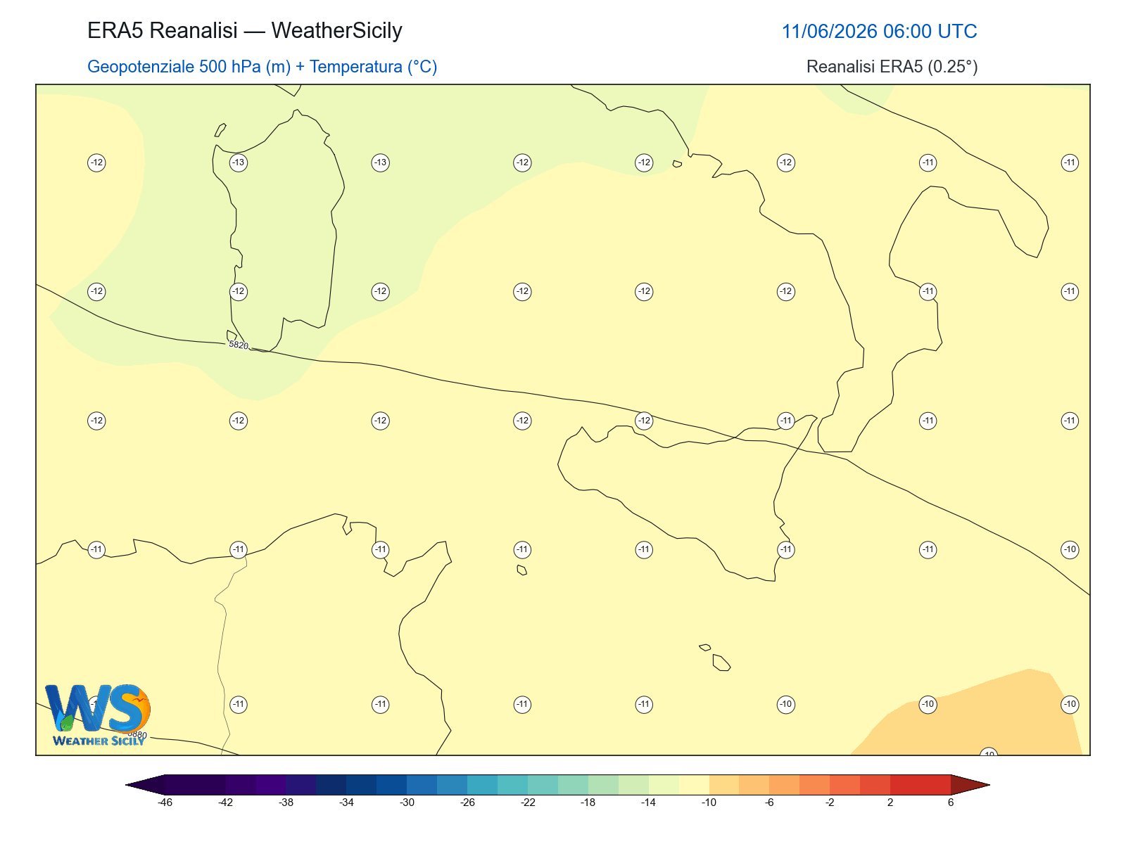 Geopotenziale 500 hPa + Temperatura · 2026061106