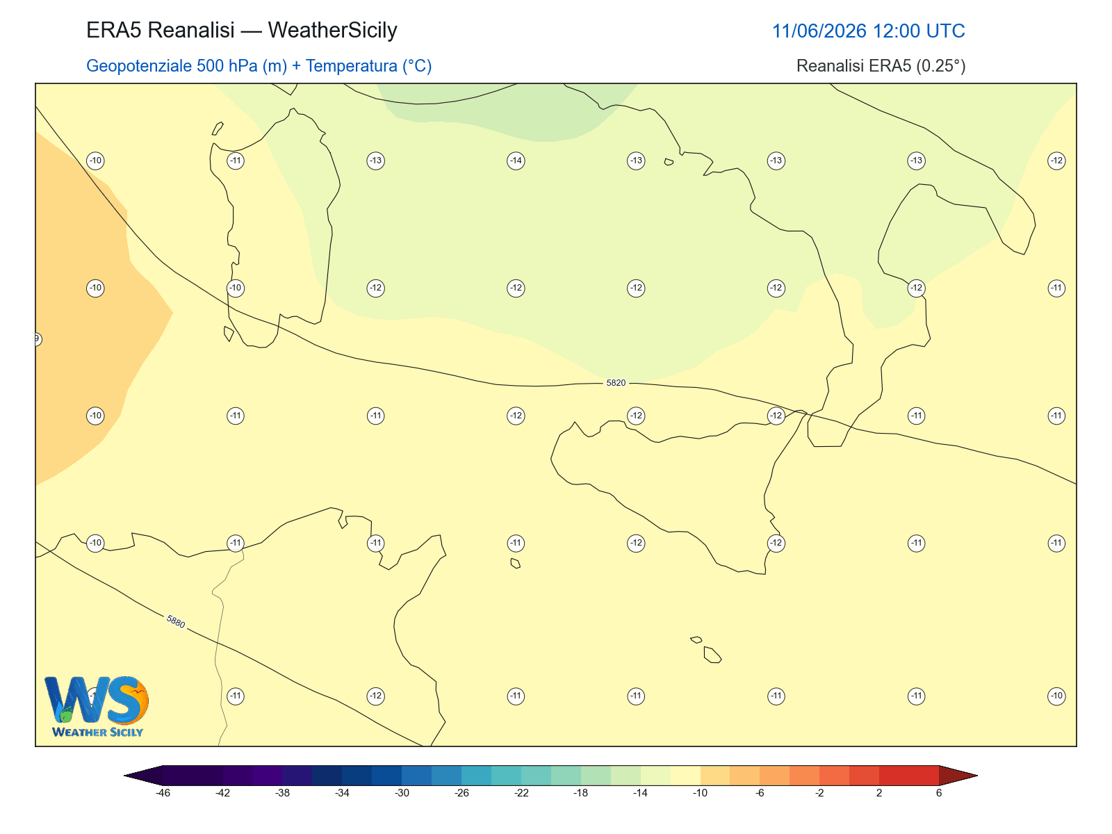 Geopotenziale 500 hPa + Temperatura · 2026061112