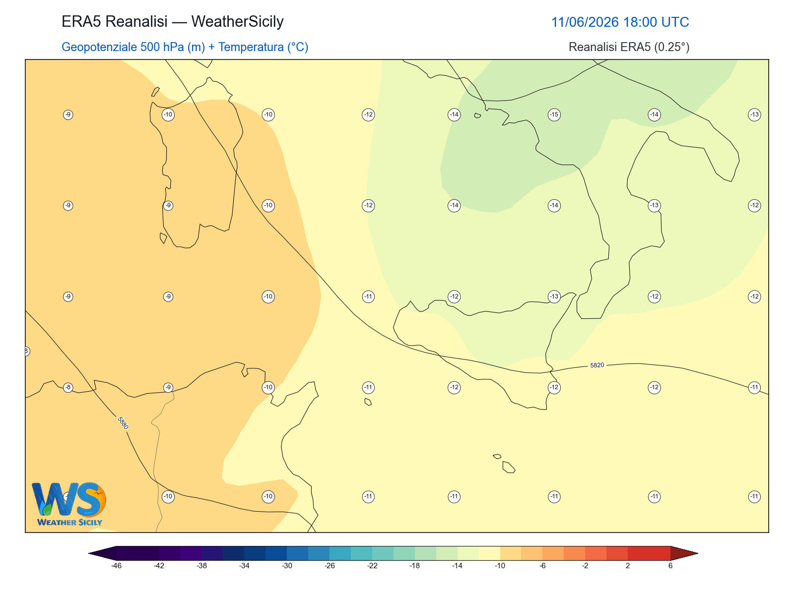 Geopotenziale 500 hPa + Temperatura · 2026061118