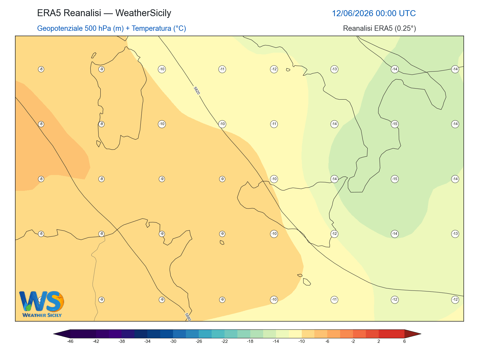 Geopotenziale 500 hPa + Temperatura · 2026061200