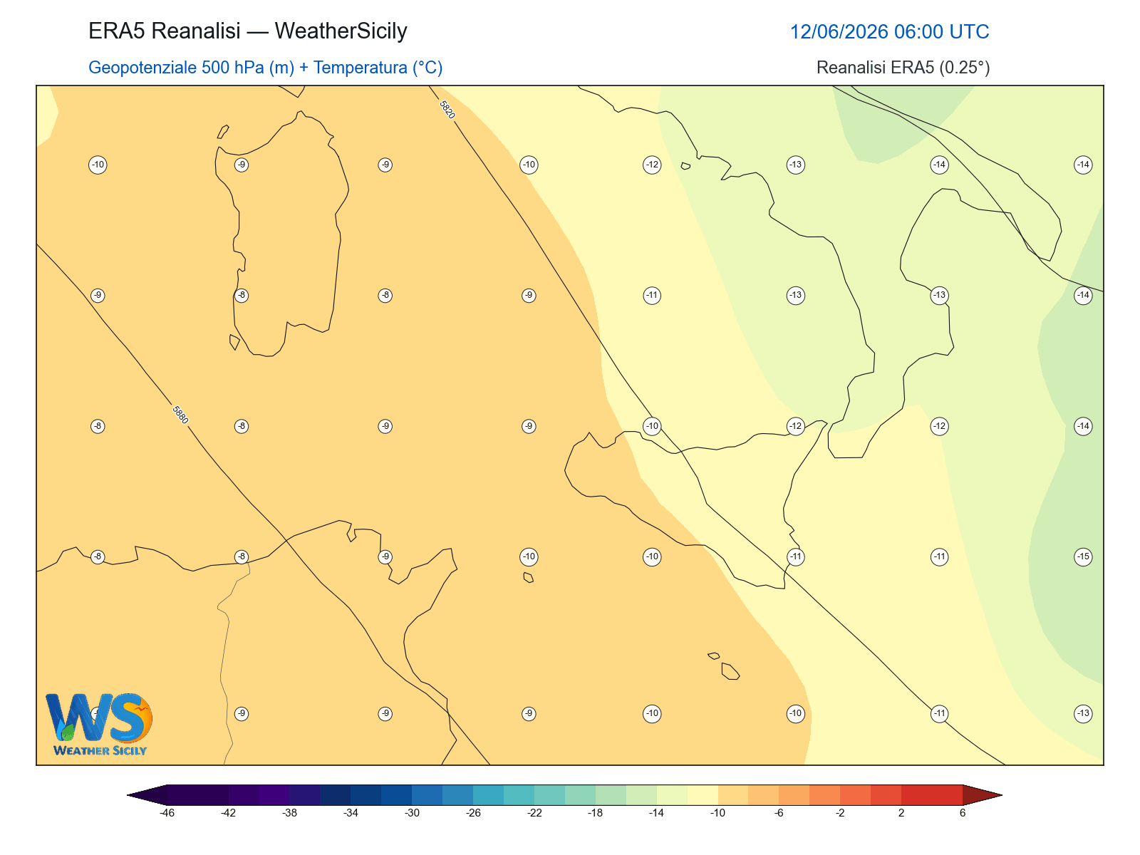 Geopotenziale 500 hPa + Temperatura · 2026061206